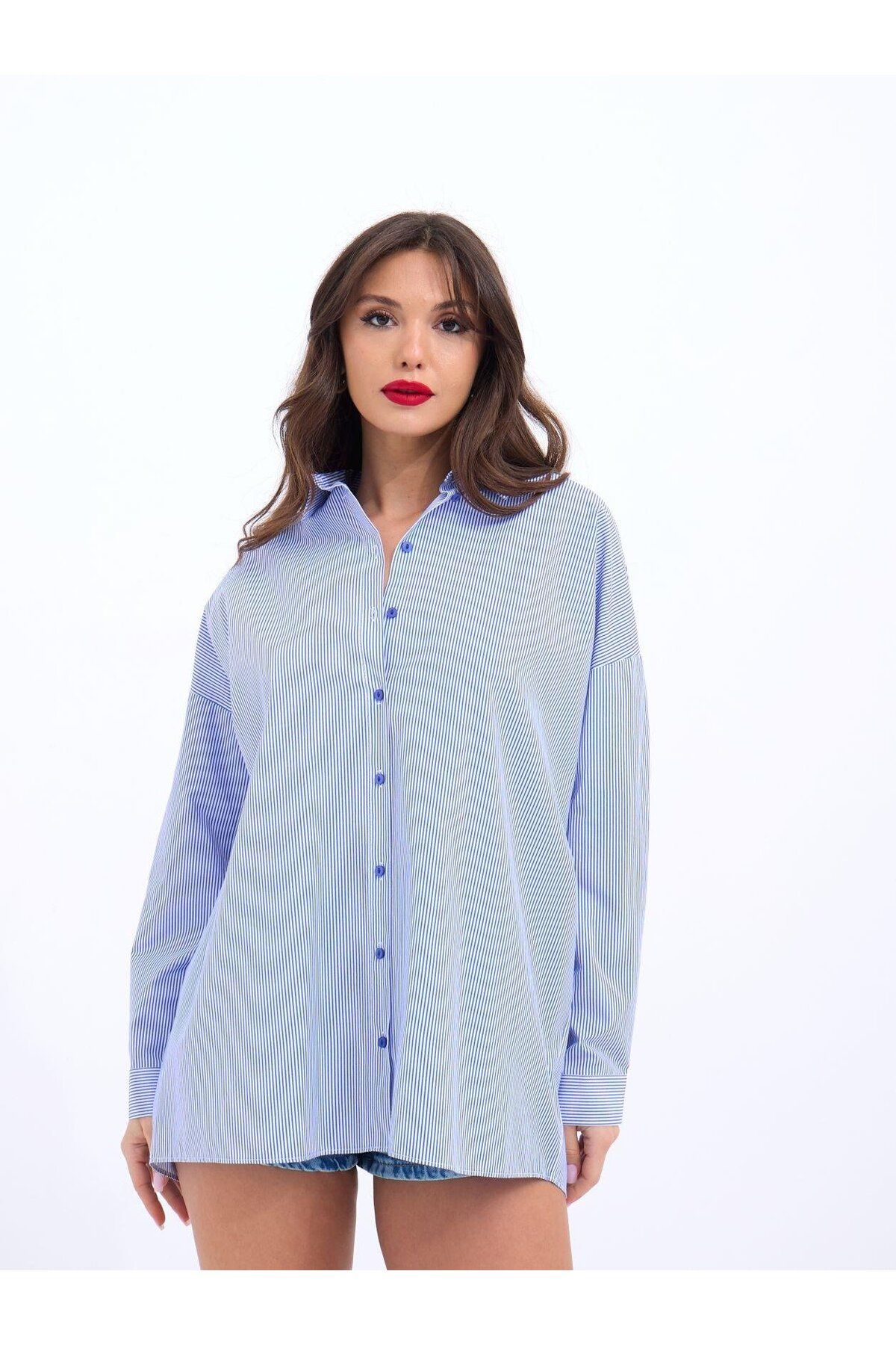 ARUZ MODA 7057 GÖMLEK-MAVİ BEYAZ ÇİZGİLİ