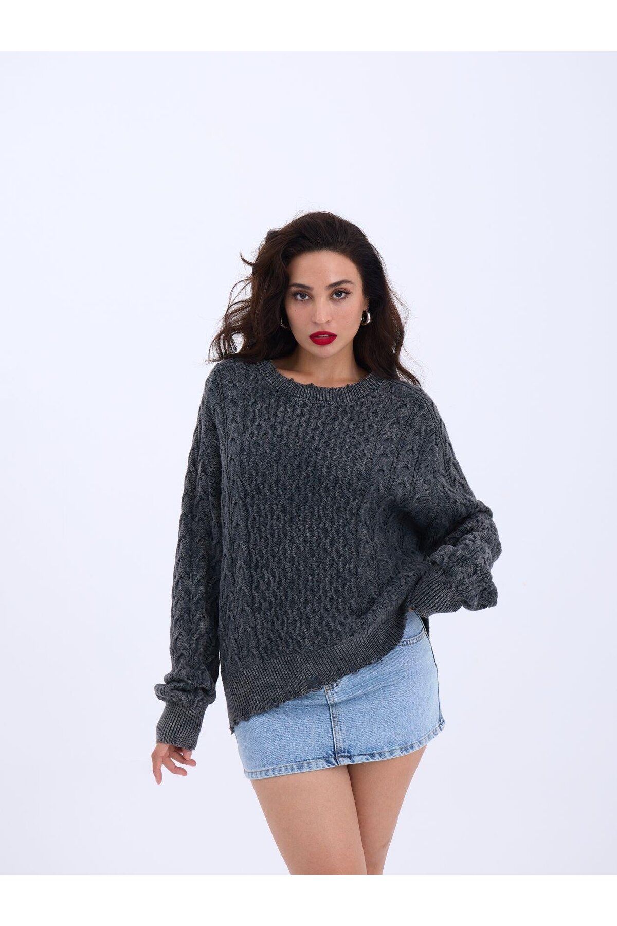 ARUZ MODA 43271 TRİKO SALAŞ SAÇ ÖRGÜ KAZAK-SİYAH