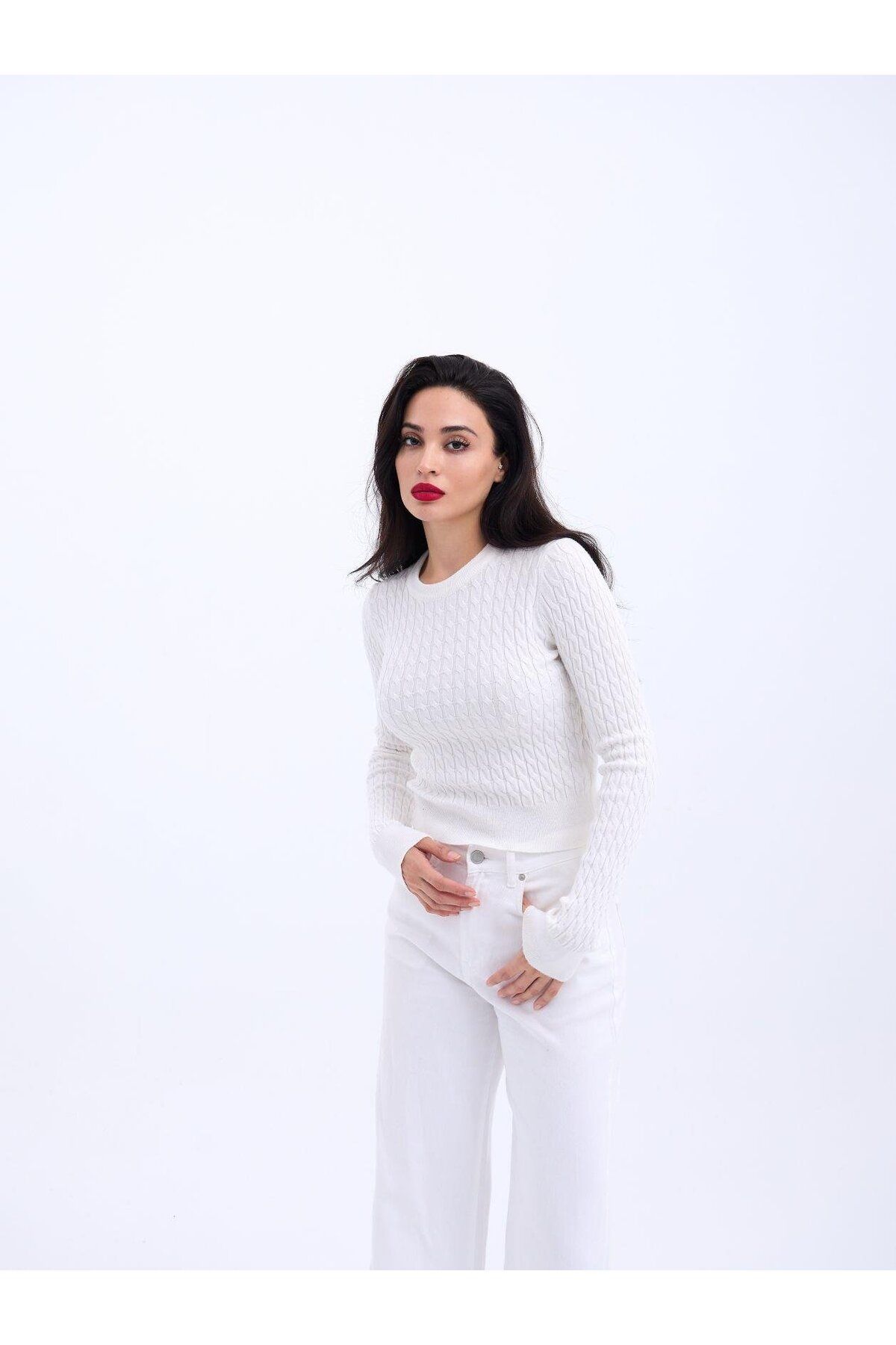 ARUZ MODA 4211 TRİKO SAÇ ÖRGÜ KAZAK-EKRU