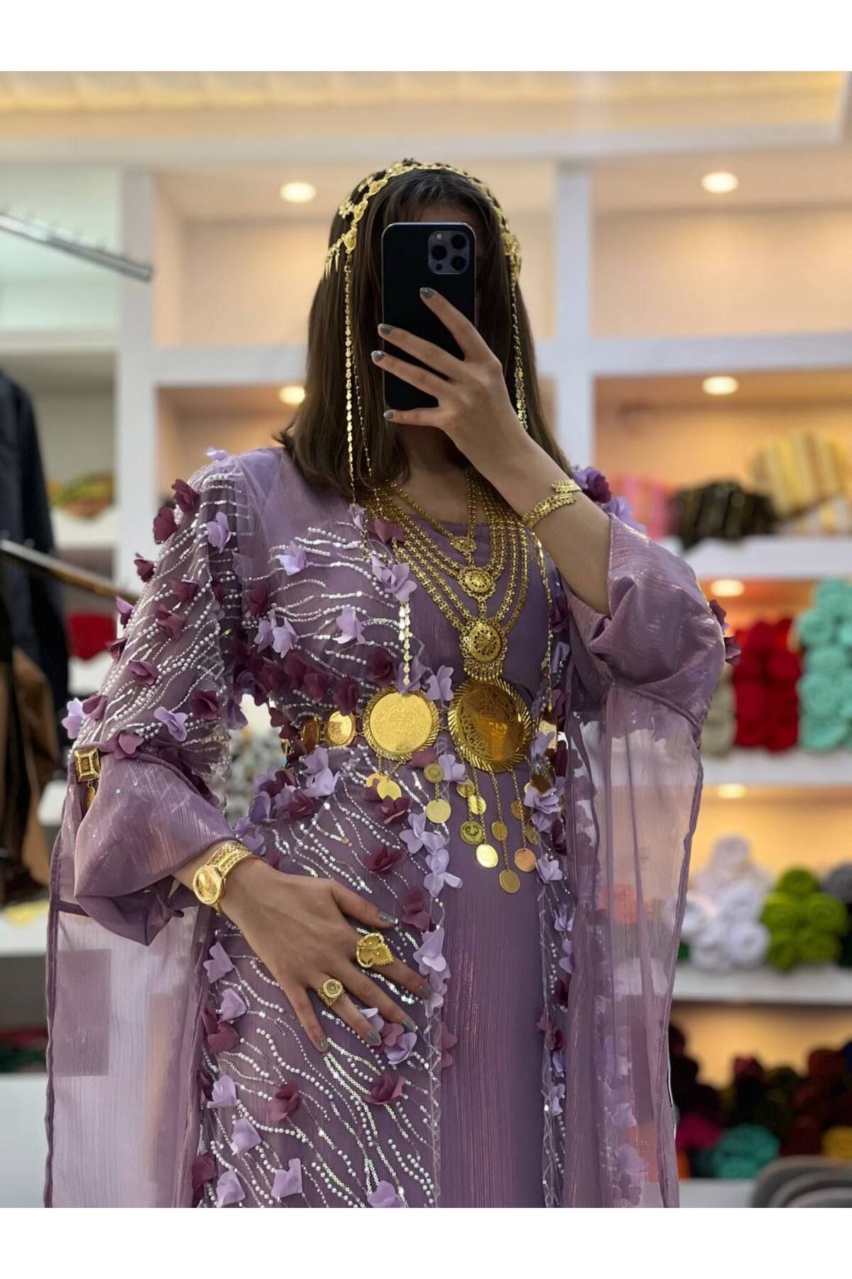 SOLİN YÖRESEL Kadın Yöresel Elbise Düğünlük Kaftan Abiye Çiçek Nakışlı (Görseldeki Aksesuarlar Dahildir)