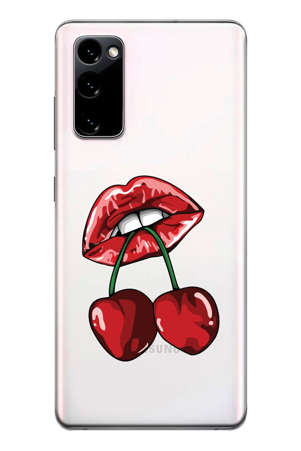 moonset Samsung Galaxy S20 FE Uyumlu Dudak ve Kiraz Tasarımlı Baskılı Şeffaf Telefon Kılıfı