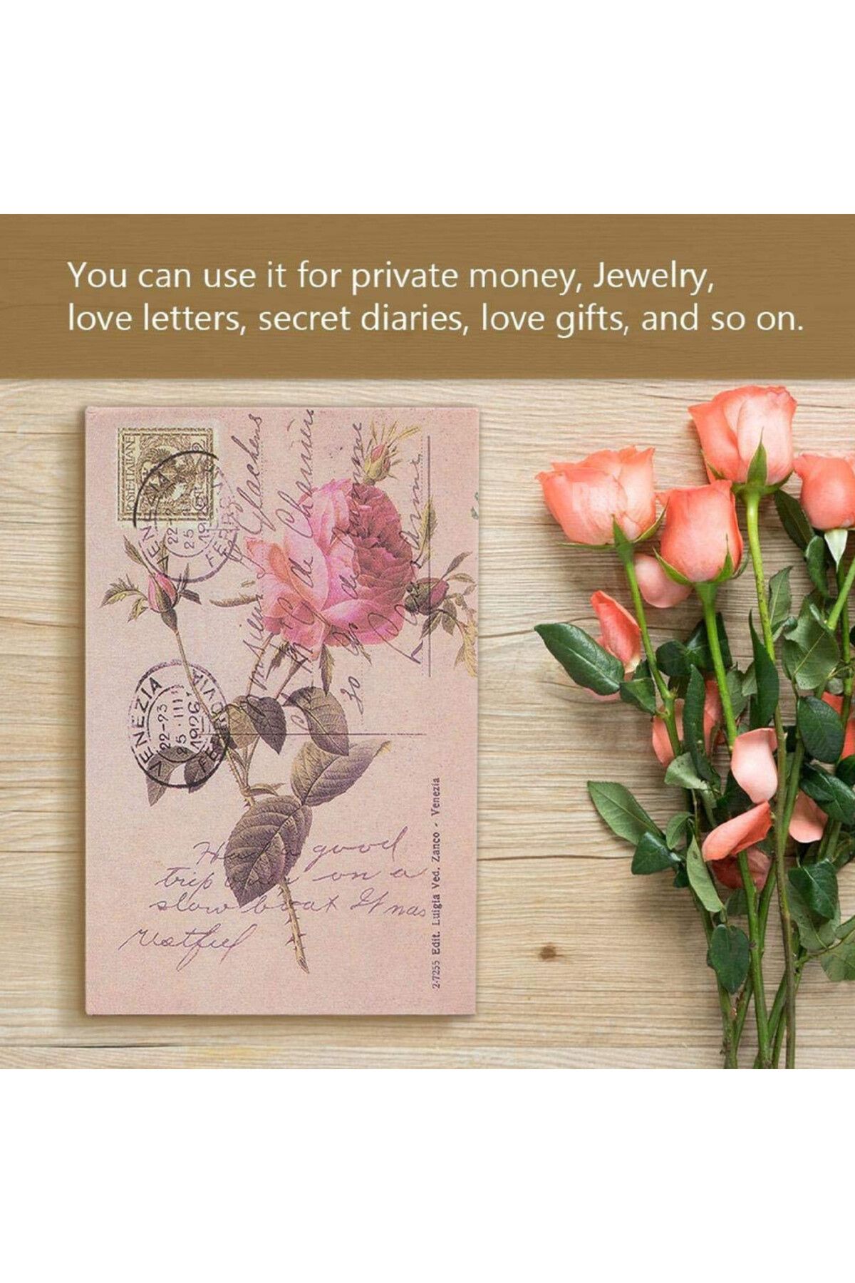 PUFO-Seif secret tip carte cu cheie pentru închidere, model Trandafirul Iubirii, 18 x 12 cm 5