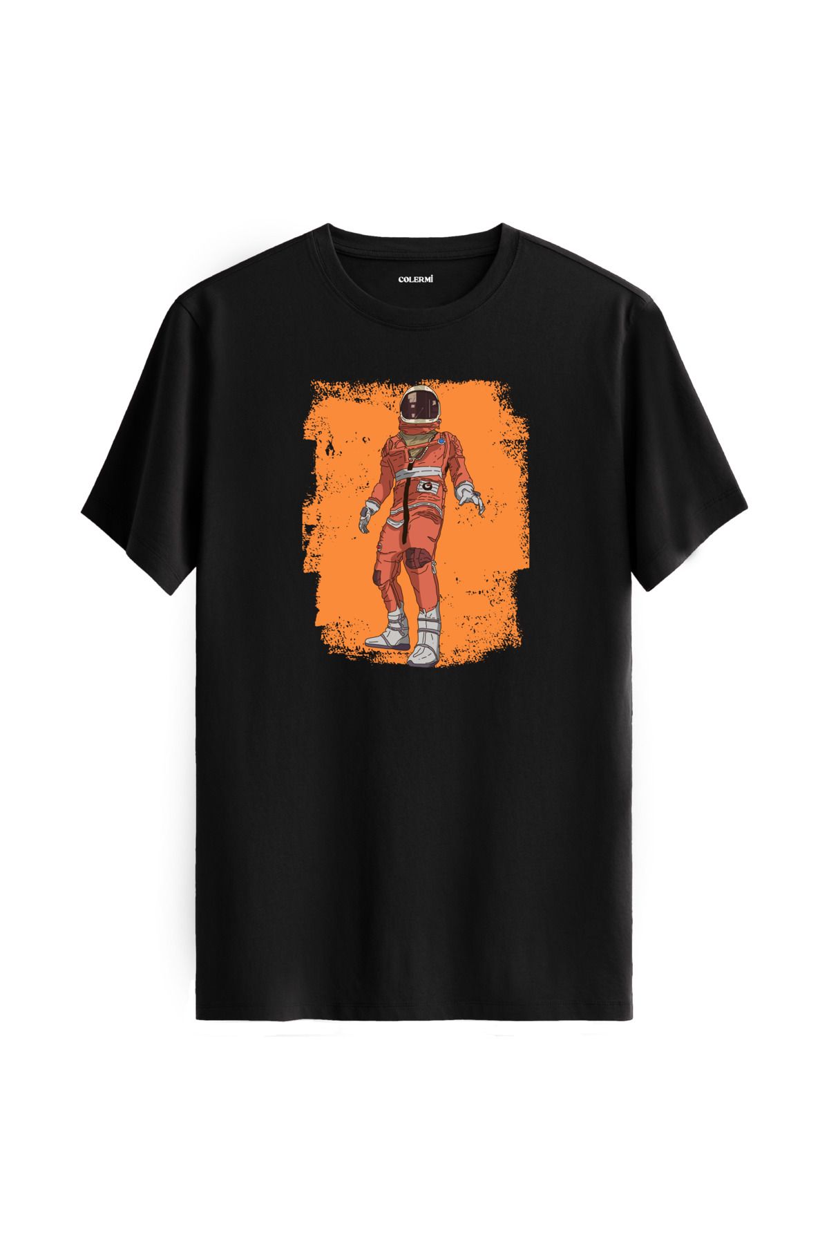 Colermi Turuncu Astronot Grafik Baskılı Unisex %100 Pamuk Siyah Tshirt