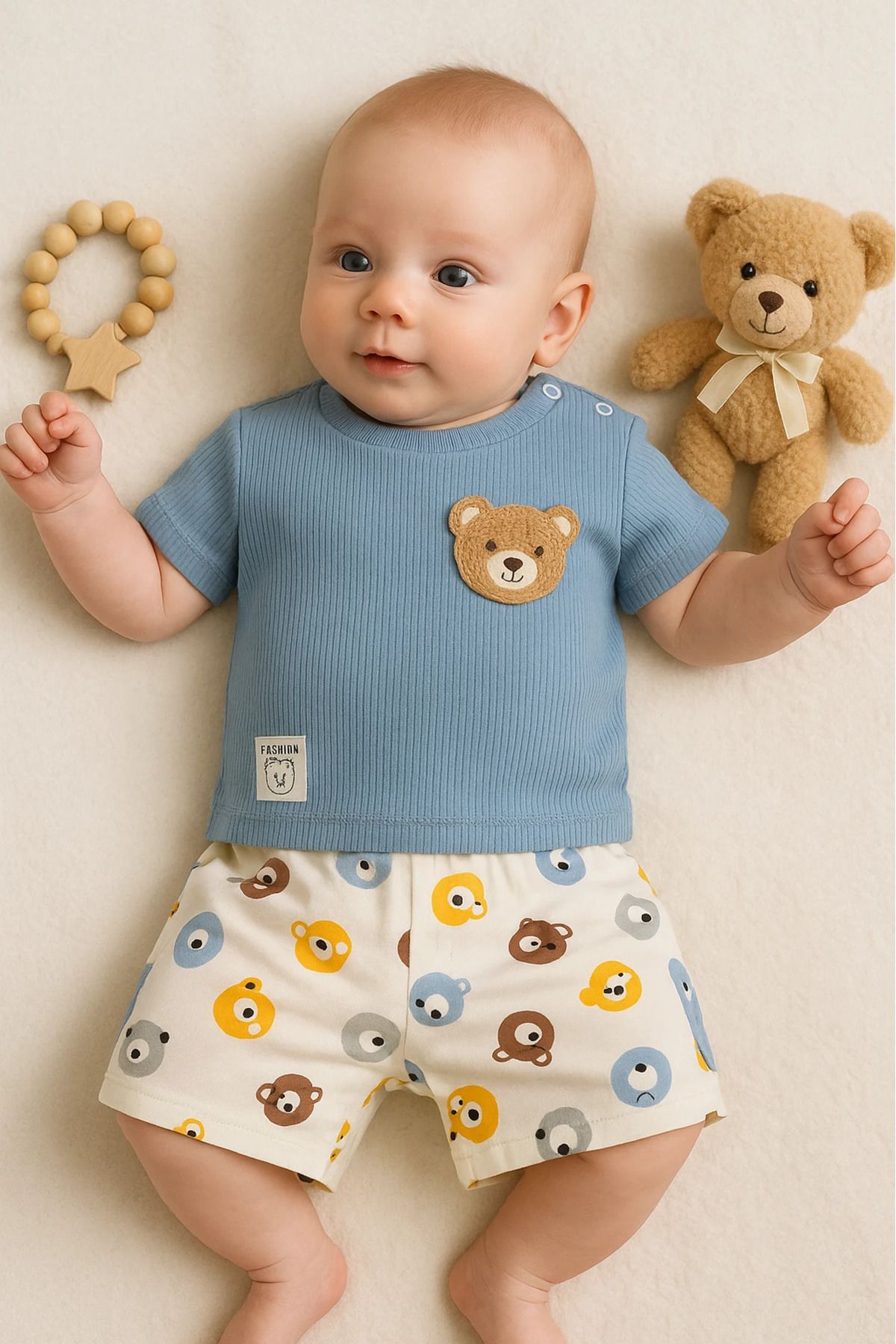 HAVUÇ BEBEK Kiddimax Yazlık Süzene Ayıcık Nakışlı Raporlu Kumaş 2’li Bebek Takım