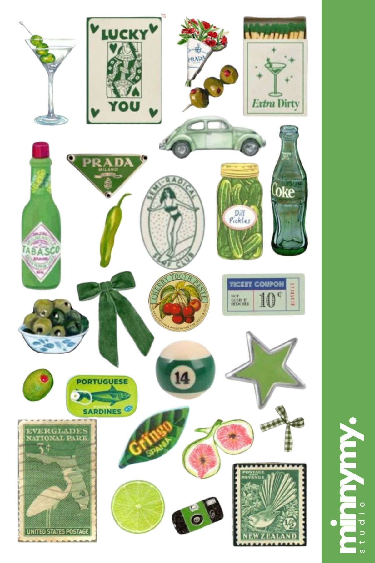 Minnymy Green Collection Retro Sticker, Çıkartma, Ajanda, Günlük, Planlayıcı, Bullet Journal ,Scrapbook