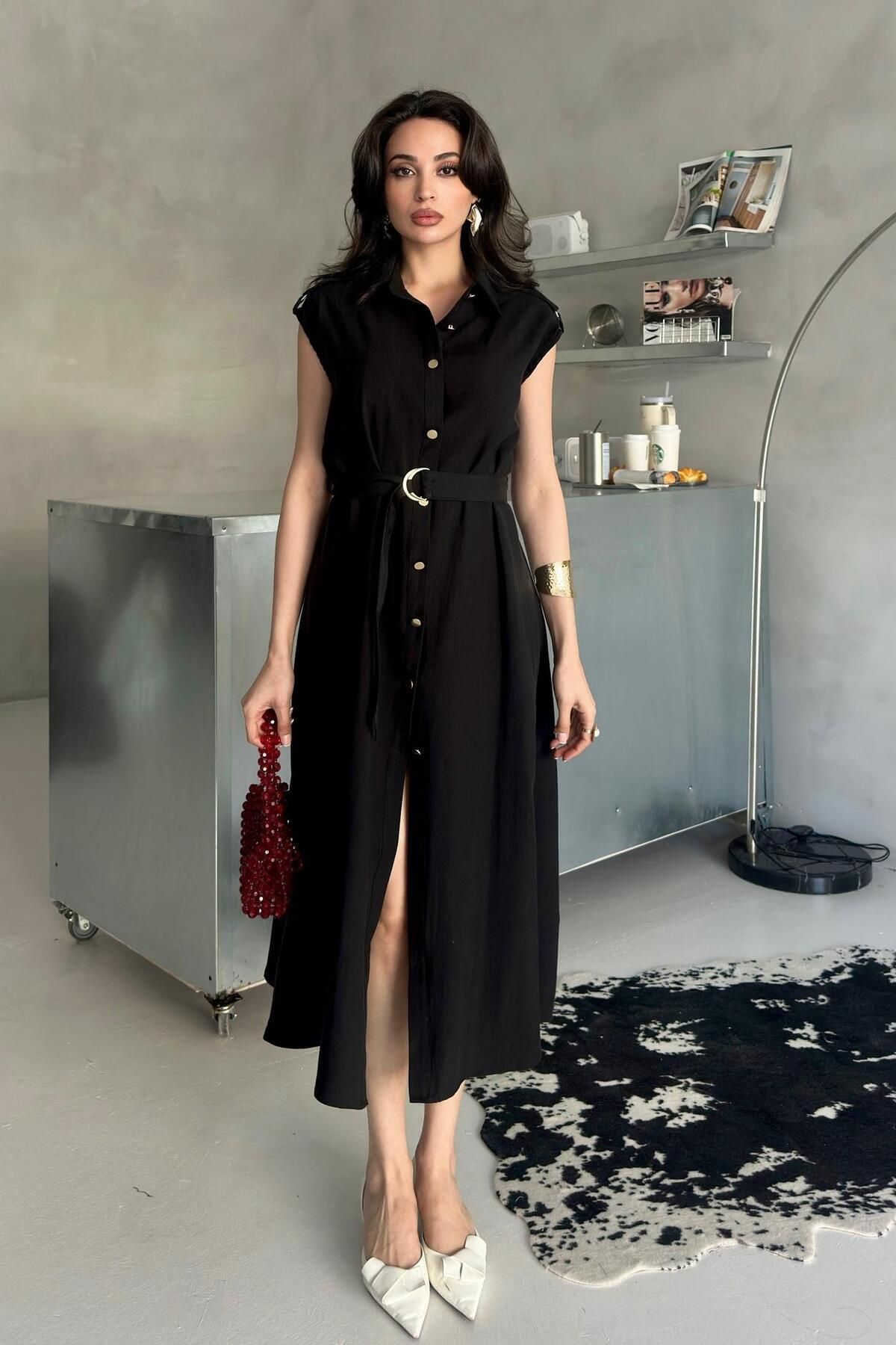 Serica Moda Siyah Kemer Detaylı Gömlek Yaka Midi Elbise