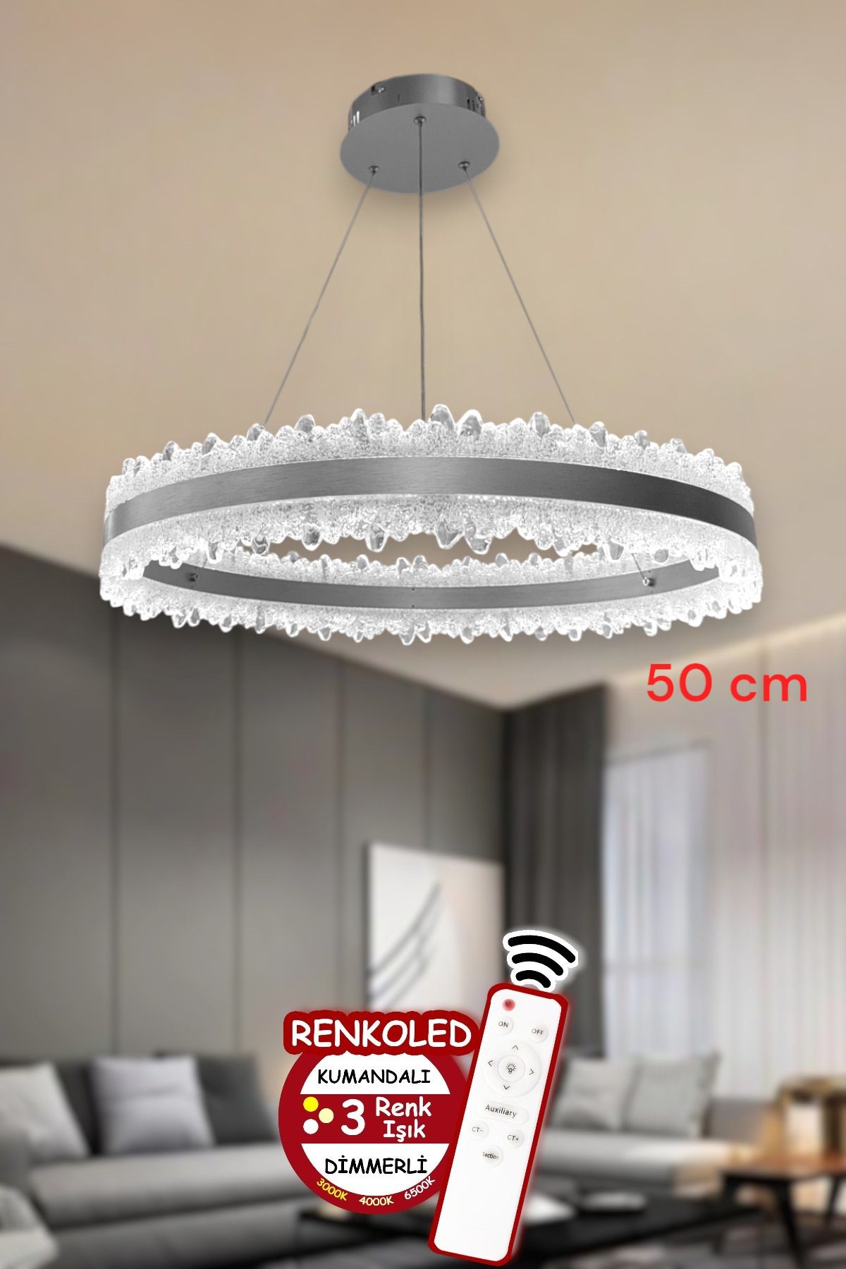 Renkoled Aydınlatma 3 Renk ışıklı kumandalı Modern Sarkıt Led Avize ledli avize Salon ,oda ,mutfak ,hol 50 CM