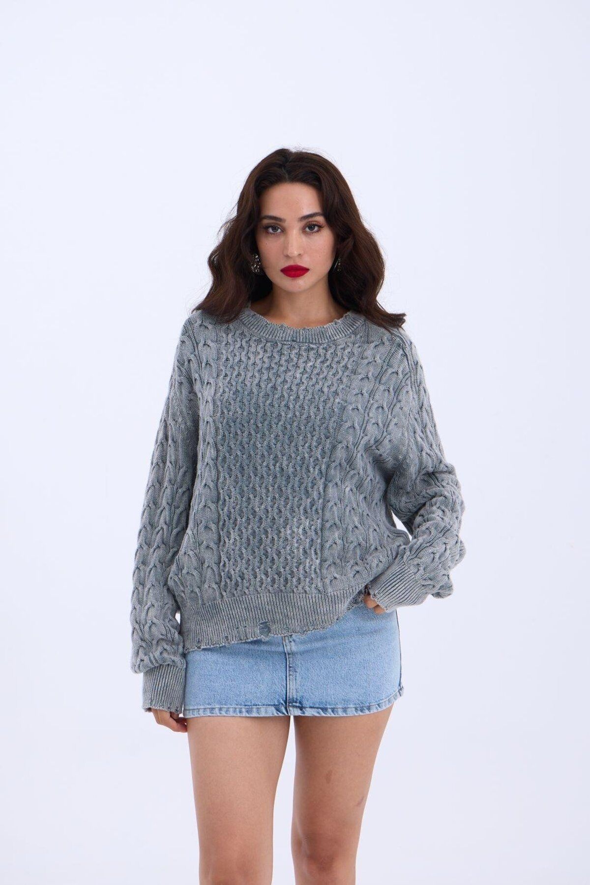 ARUZ MODA 43271 TRİKO SALAŞ SAÇ ÖRGÜ KAZAK-GRİ