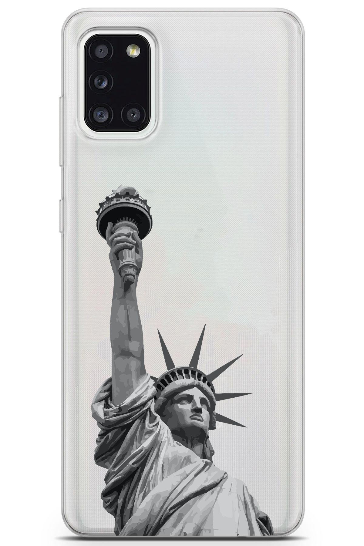 moonset Samsung Galaxy A31 Uyumlu Özgürlük Heykeli Tasarımlı Baskılı Şeffaf Telefon Kılıfı