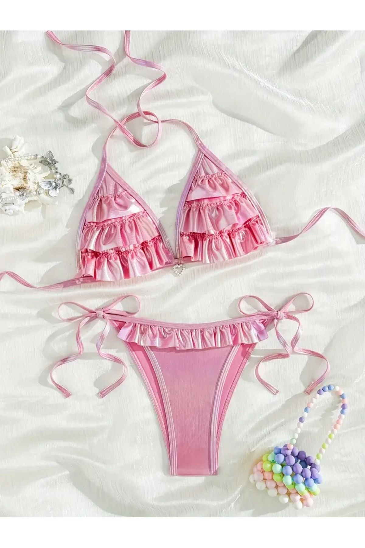 İthal Pembe Parlak Kumaş Modern Trend Bikini Takımı, Girly Fırfır Detaylı