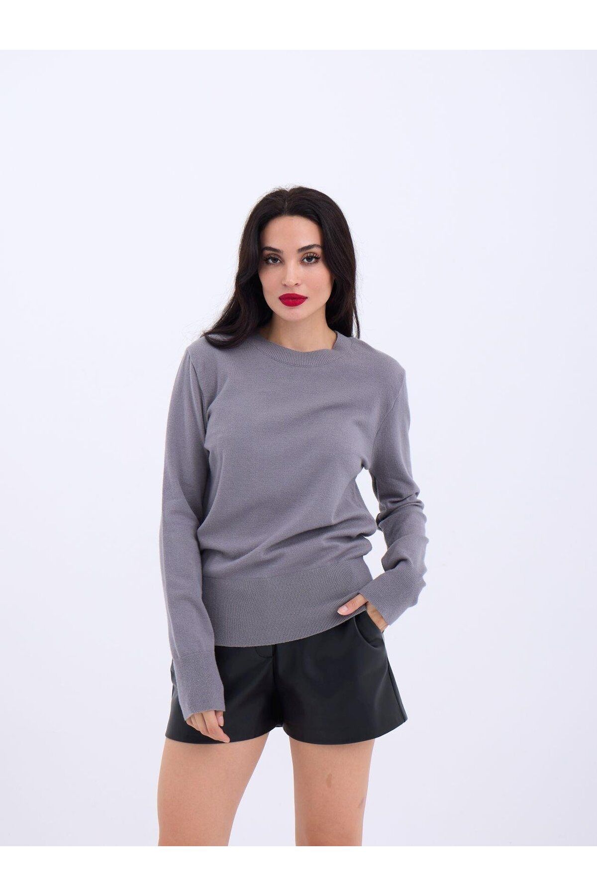 ARUZ MODA 4217 TRİKO BASİC KAZAK-GRİ