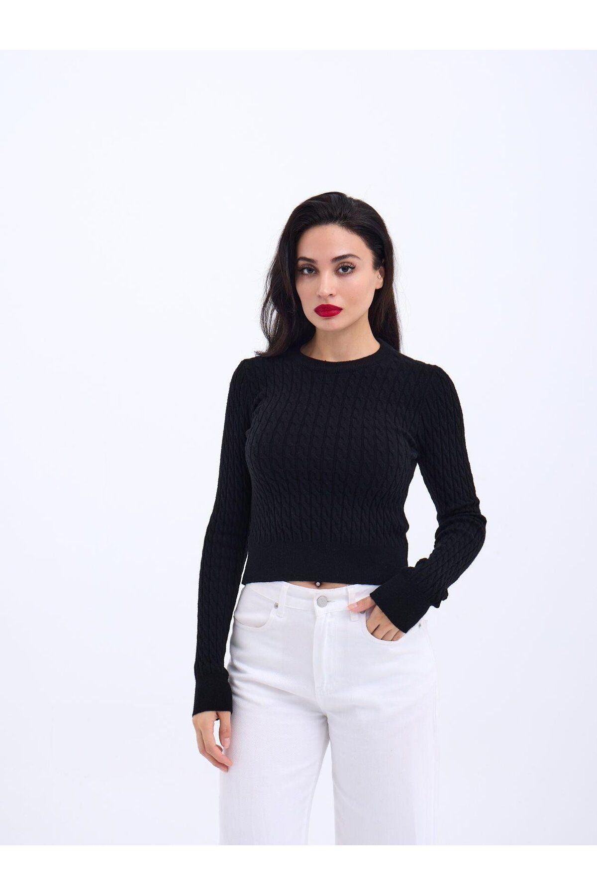 ARUZ MODA 4211 TRİKO SAÇ ÖRGÜ KAZAK-SİYAH