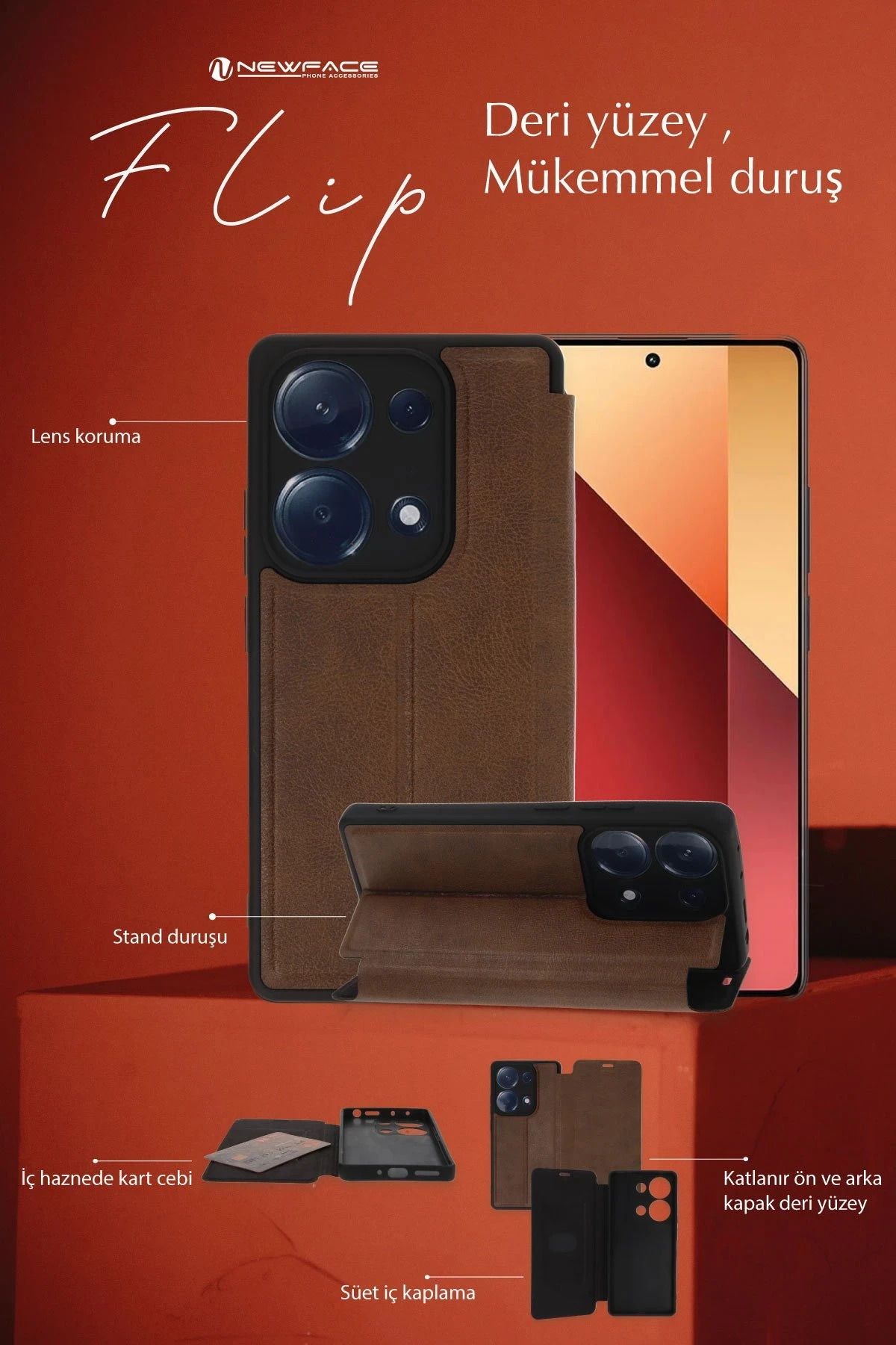 NewFace Xiaomi Redmi Note 13 Pro 4G Kılıf Flip Cover - Kırmızı BSTMY