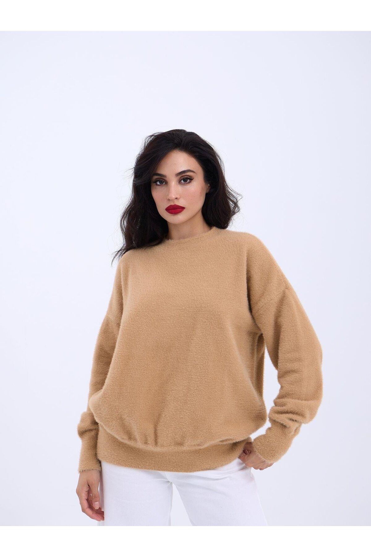 ARUZ MODA 42331 TRİKO SIFIR YAKA SALAŞ KAZAK-VİZON