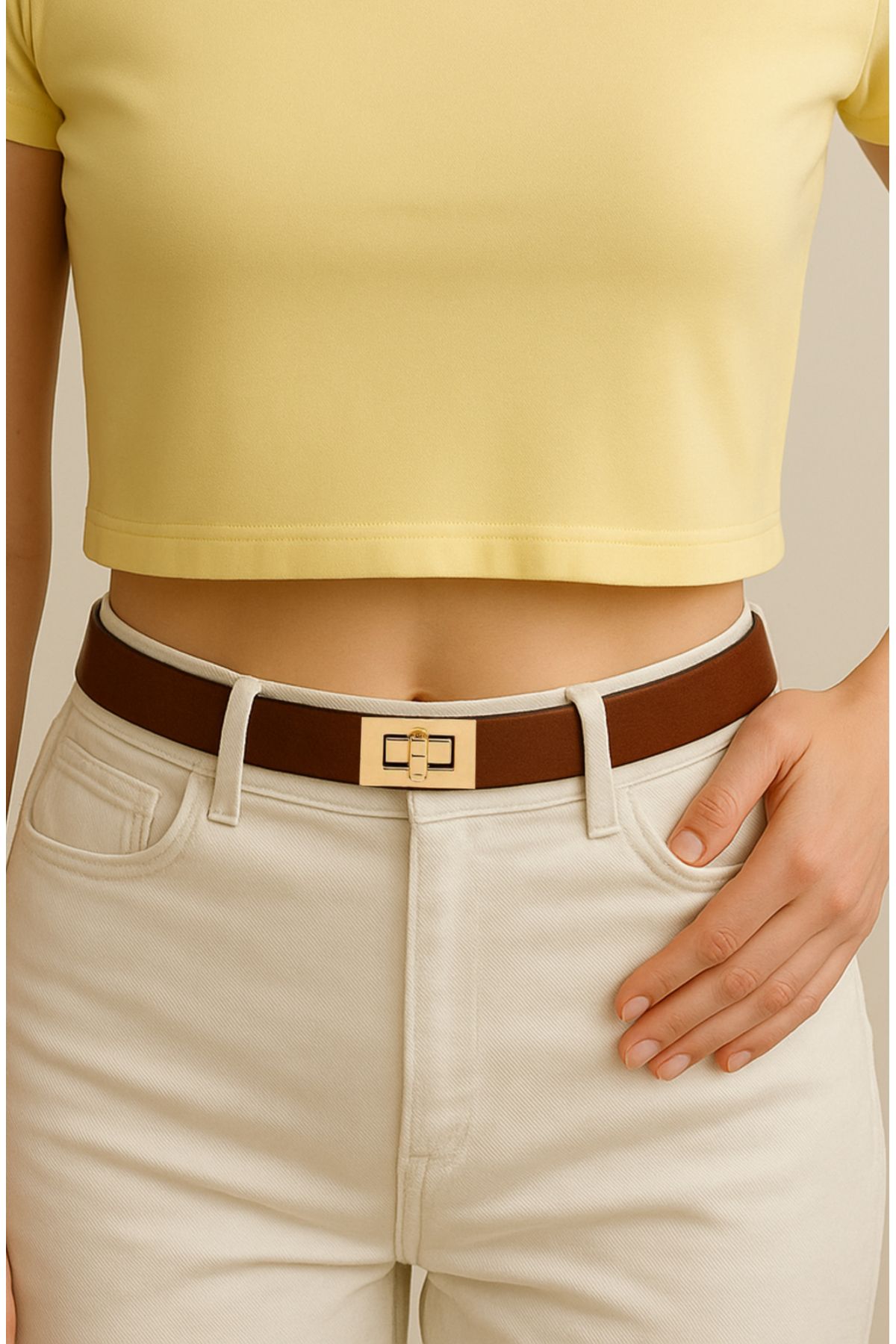 H&E LUXURY DESIGN Kahve Gold Kilit Tokalı Ayarlanabilir Pantolon, Gömlek, Ceket, Elbise, Kazak Kemeri 2,5cm