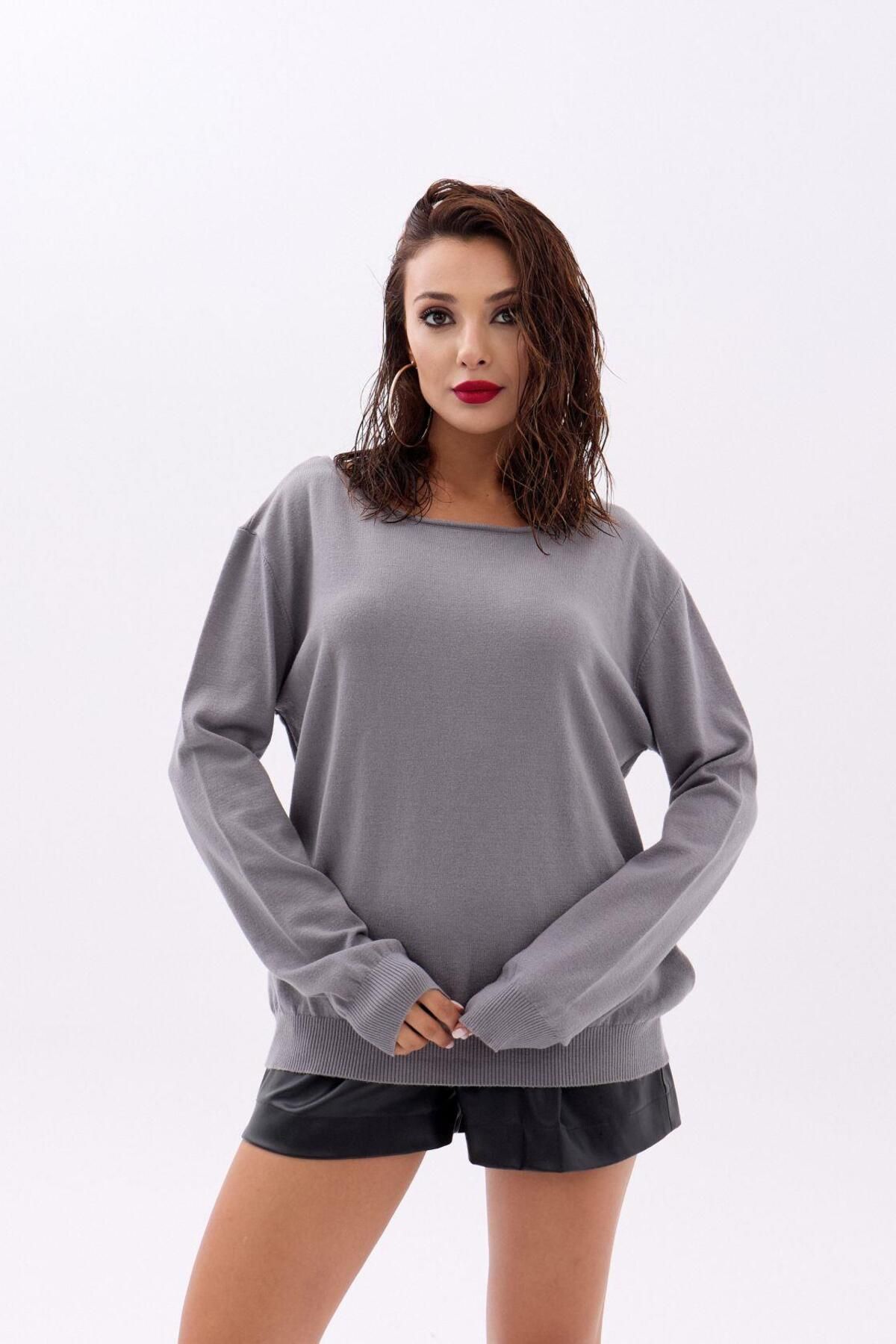 ARUZ MODA 4216 TRİKO DÜZ SALAŞ KAZAK-GRİ