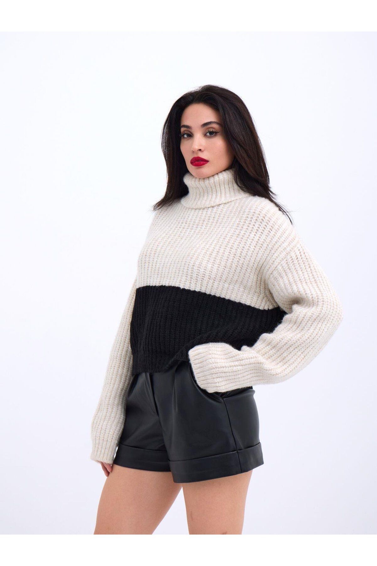 ARUZ MODA 3904 TRİKO BALIKÇI ÇİZGİLİ KAZAK-KREM-SİYAH