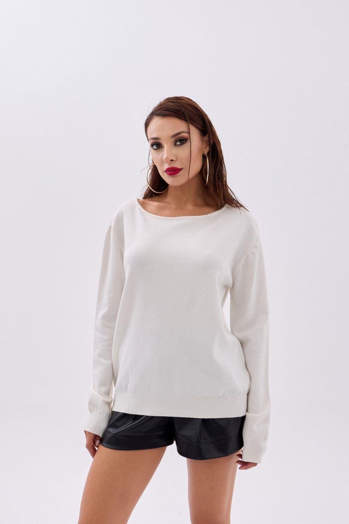 ARUZ MODA 4216 TRİKO DÜZ SALAŞ KAZAK-EKRU