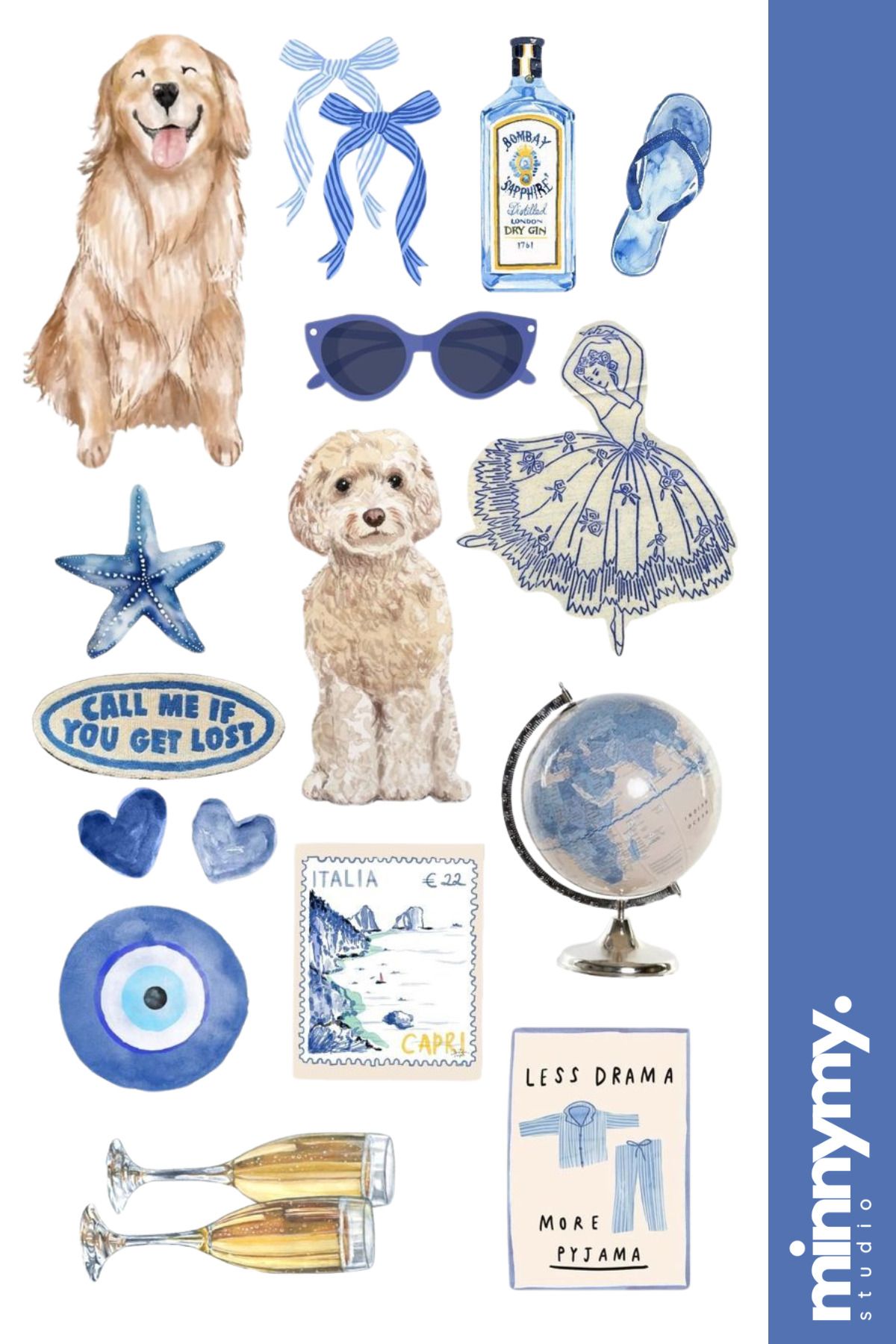 Minnymy Blue Collection Retro Sticker, Çıkartma, Ajanda, Günlük, Planlayıcı, Bullet Journal ,Scrapbook