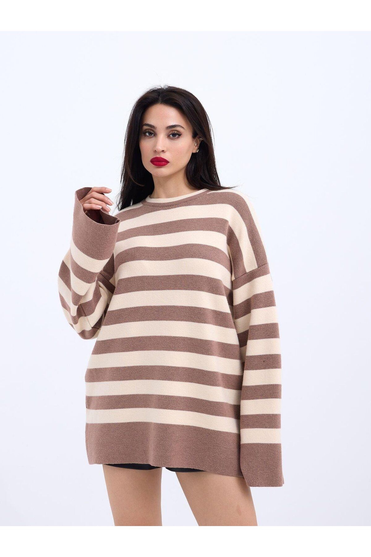 ARUZ MODA 42291 TRİKO ÇİZGİLİ SALAŞ KAZAK-VİZON-KREM