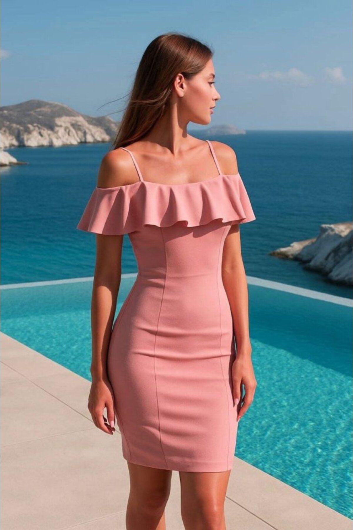 ARUZ MODA Kadın Dalgıç Krep Kumaş Carmen Yaka Askılı Mini Boy Elbise