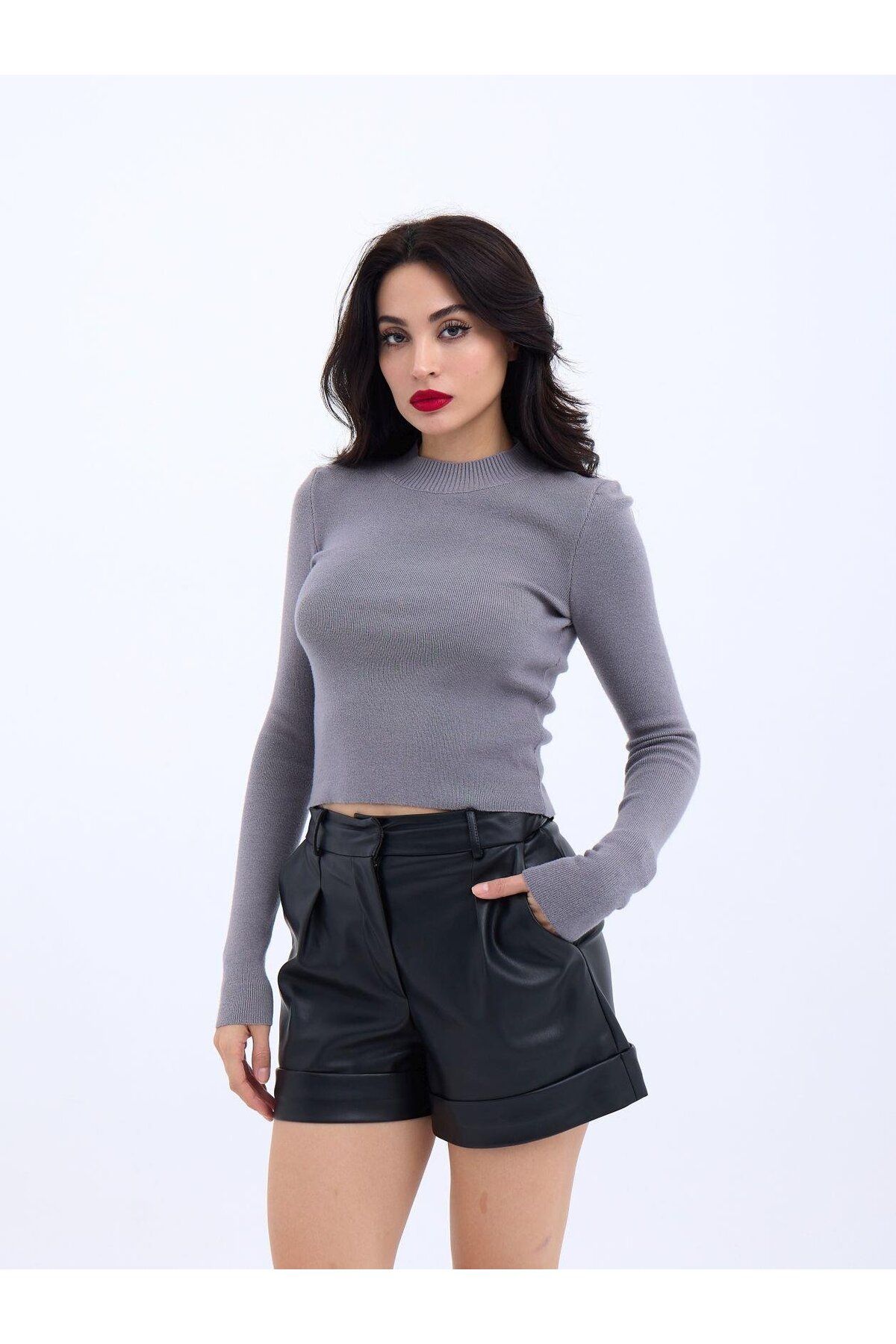 ARUZ MODA 42201 TRİKO BASİC KAZAK-GRİ