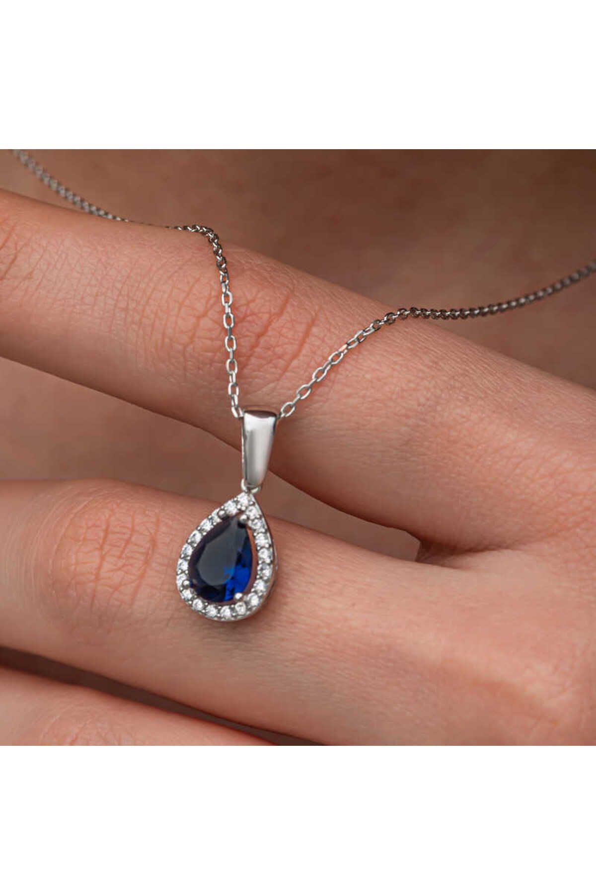STİLLOVE Gümüş Mavi Taşlı Damla Kadın Kolye SL11533