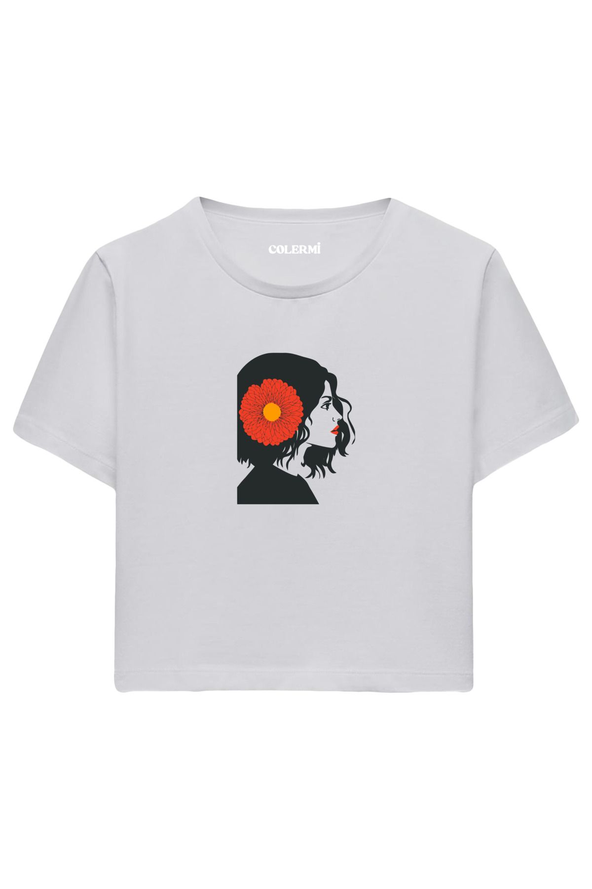Colermi Çiçek Desenli COOL Yazılı %100 Pamuk Kadın Crop Tshirt