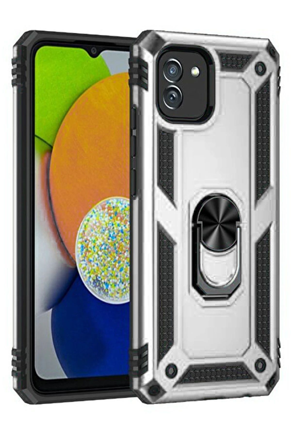 NewFace Samsung Galaxy A03 Kılıf Sofya Yüzüklü Silikon Kapak - Gümüş BSTMY