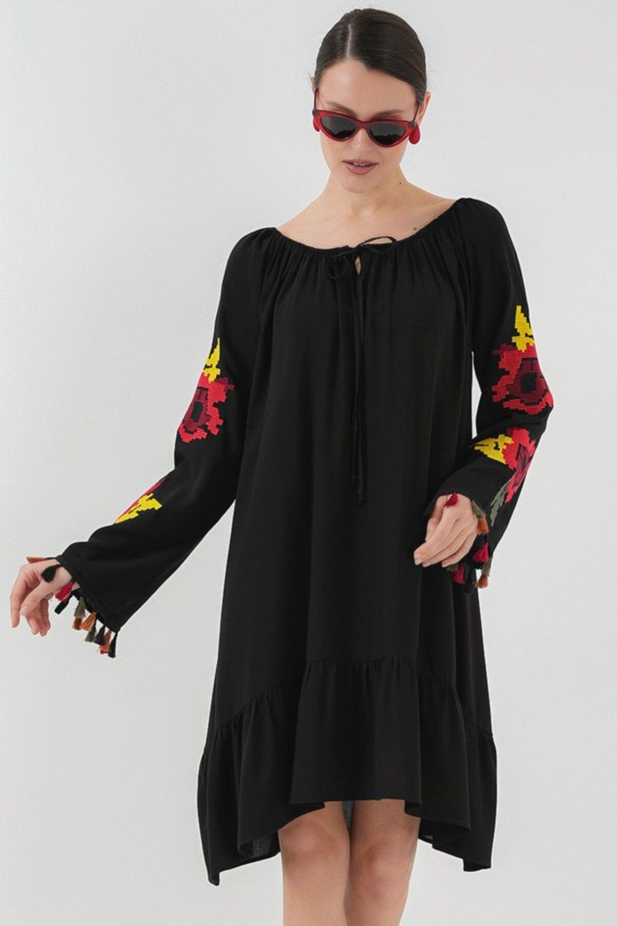 ARUZ MODA Nakışlı Midi Elbise 2531 - Siyah