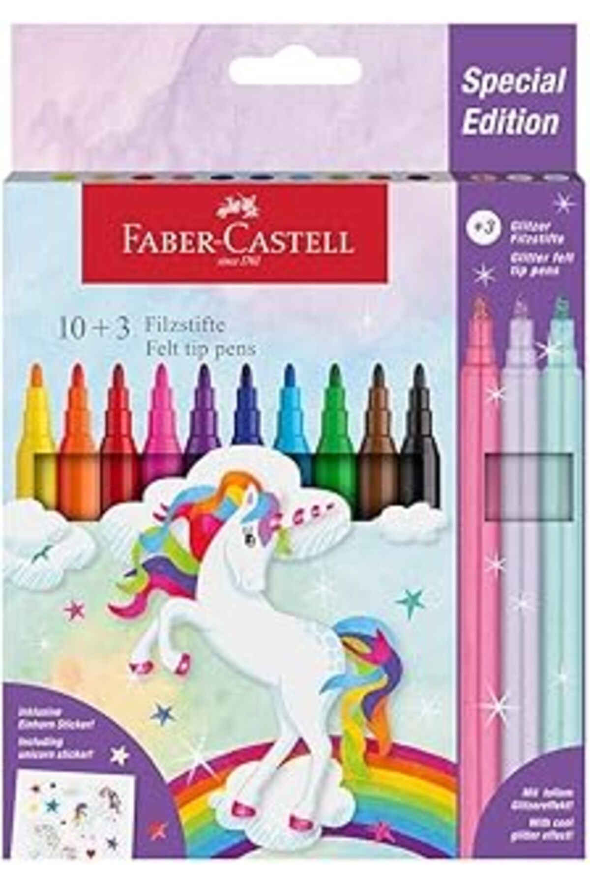 NETWORK ART Faber-Castell Unicorn keçeli kalem, sınırlı sayıda, 10 renk, 3 parıltılı