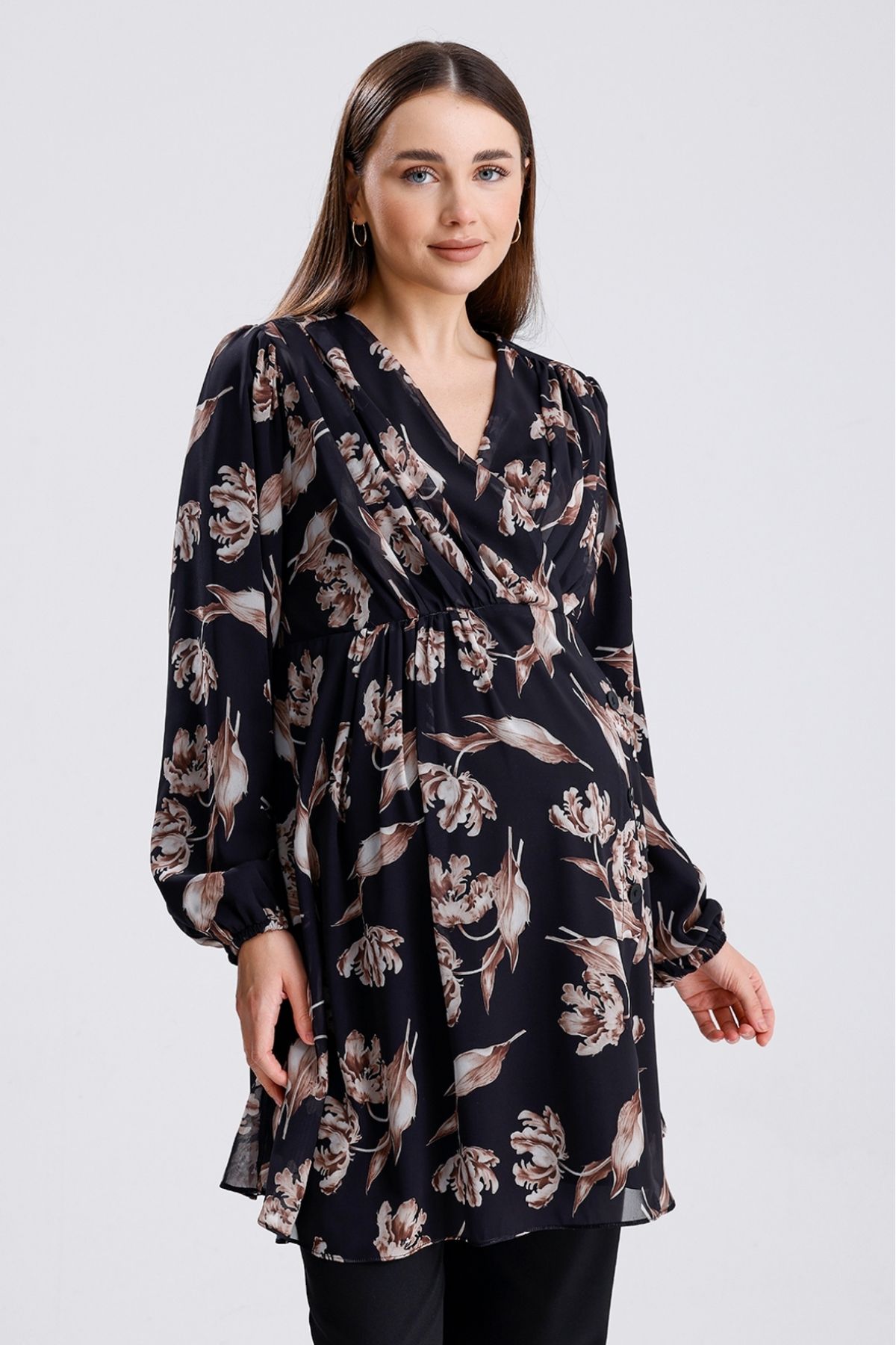 KATLİN MATERNİTY WEAR Hamile Çiçekli Desen İçi Astarli Şifon Tunik
