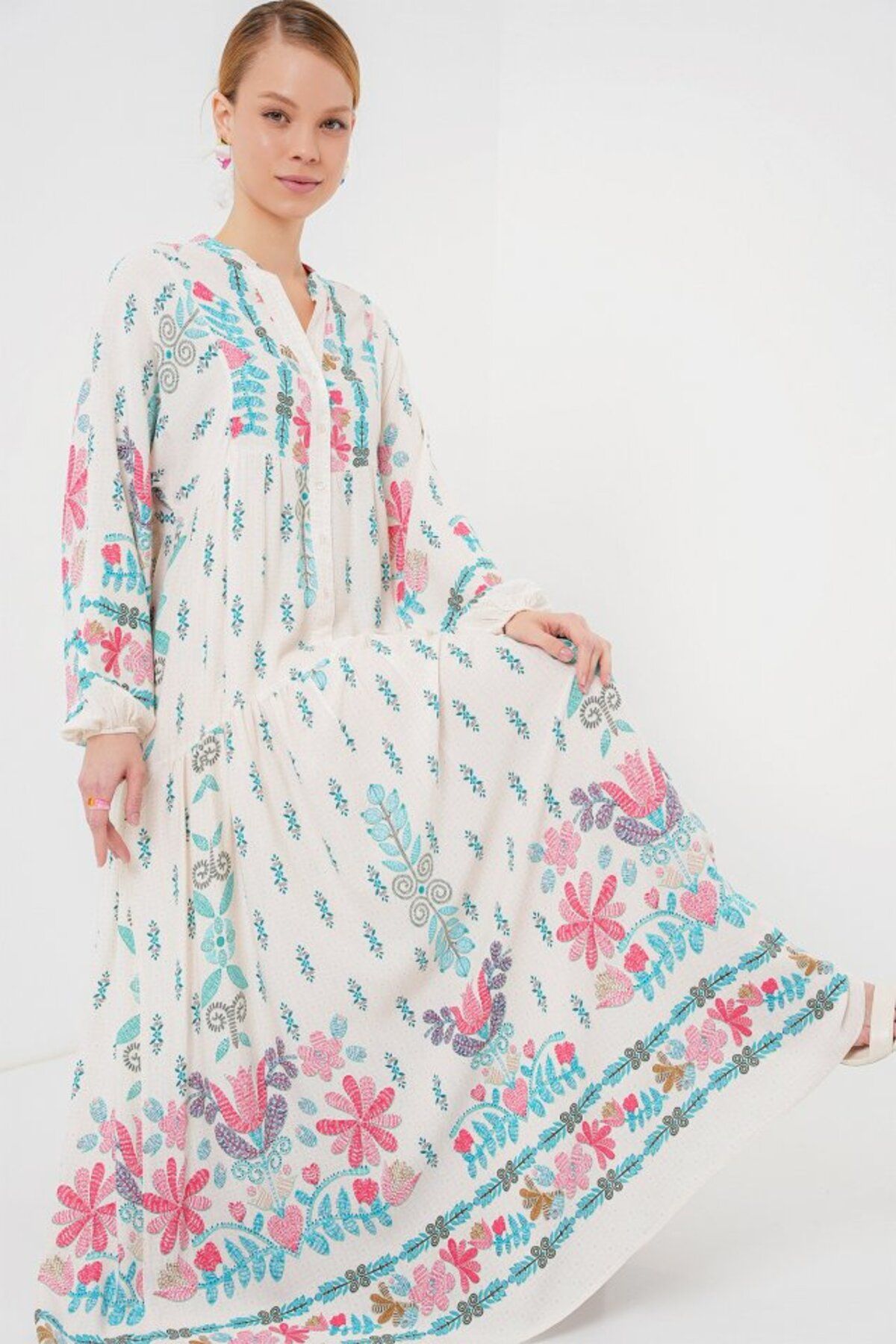 ARUZ MODA 2423 Otantik Desenli Tesettür Elbise - M. Mavi