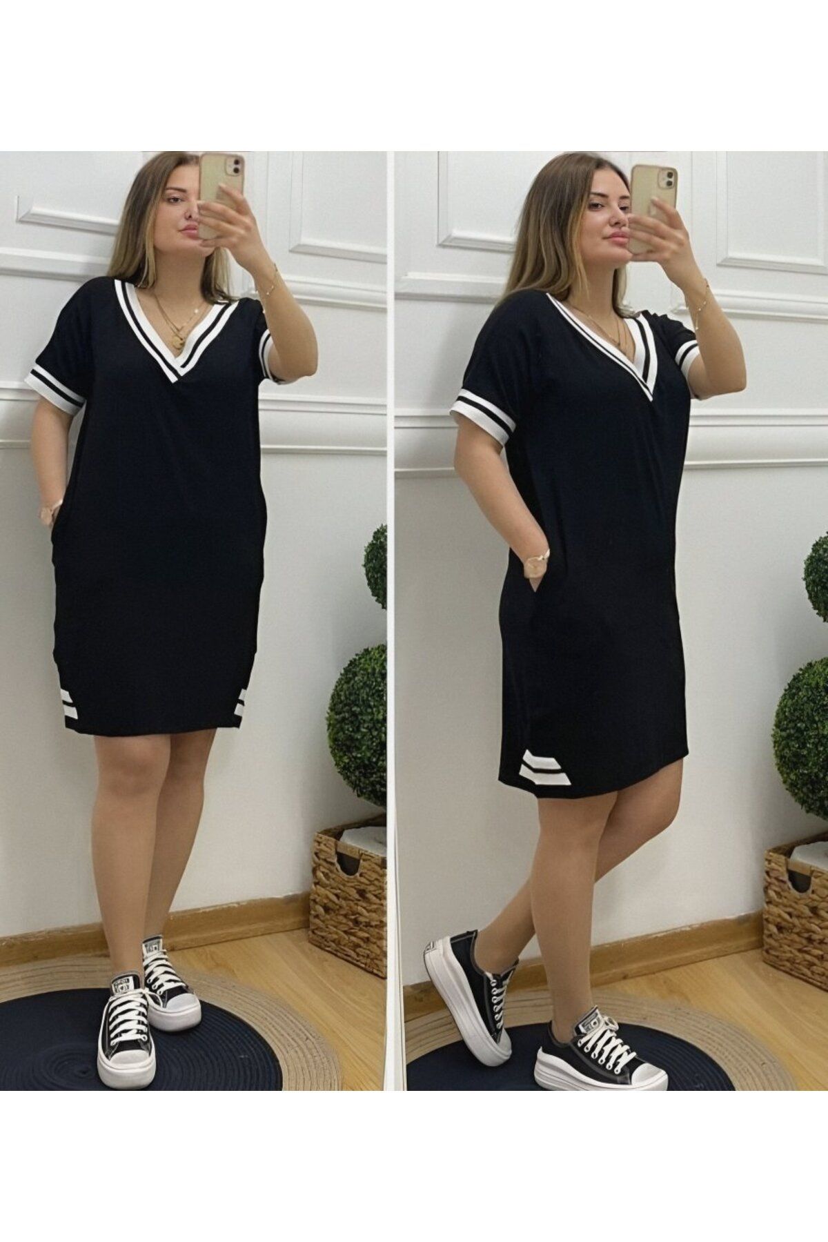 ARUZ MODA Kadın Kısa Kollu V Yaka Ribana Detaylı Cepli Dizüstü Viskon Elbise
