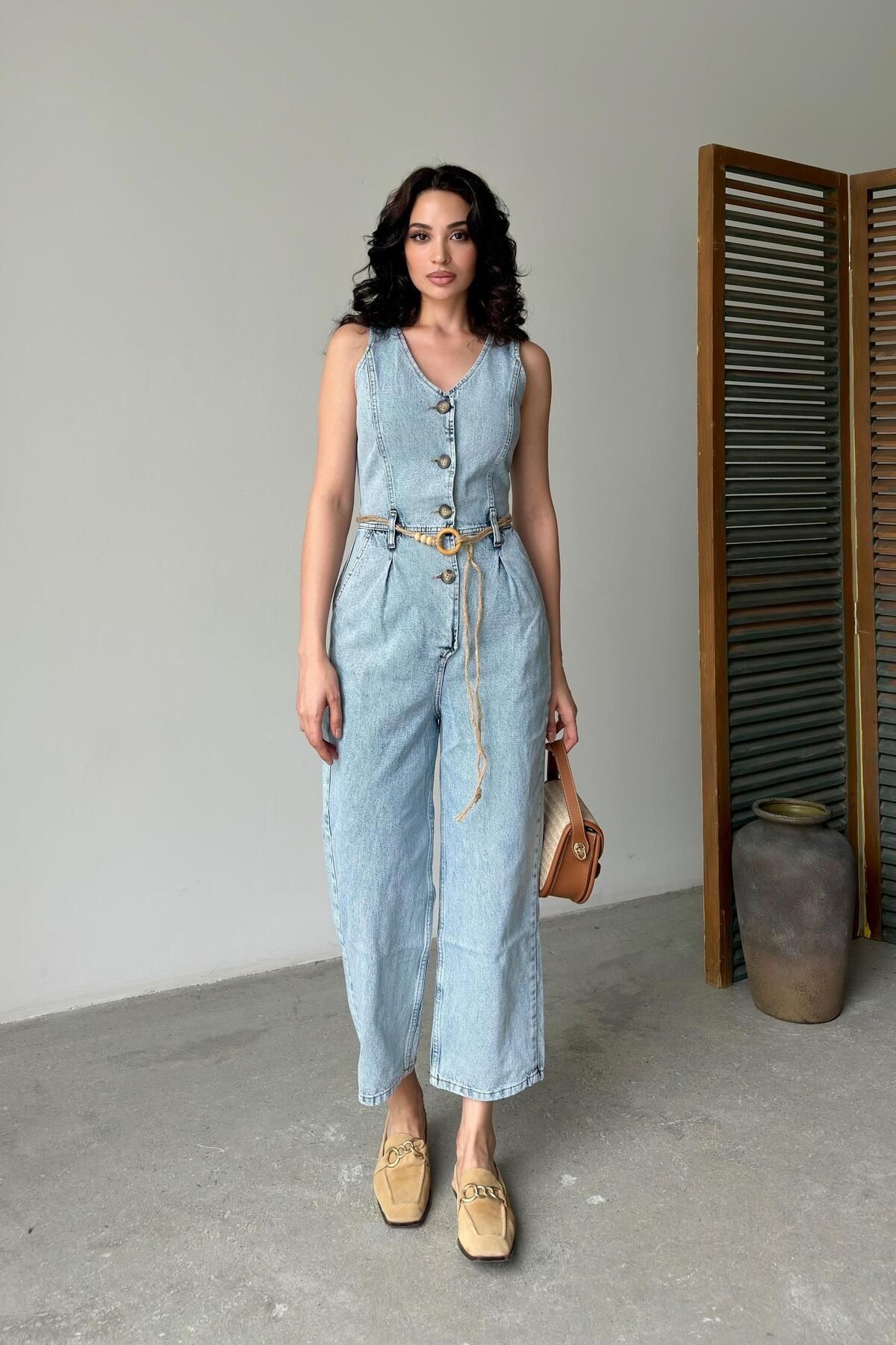 Serica Moda Buz Mavi Düğmeli Kolsuz Denim Tulum