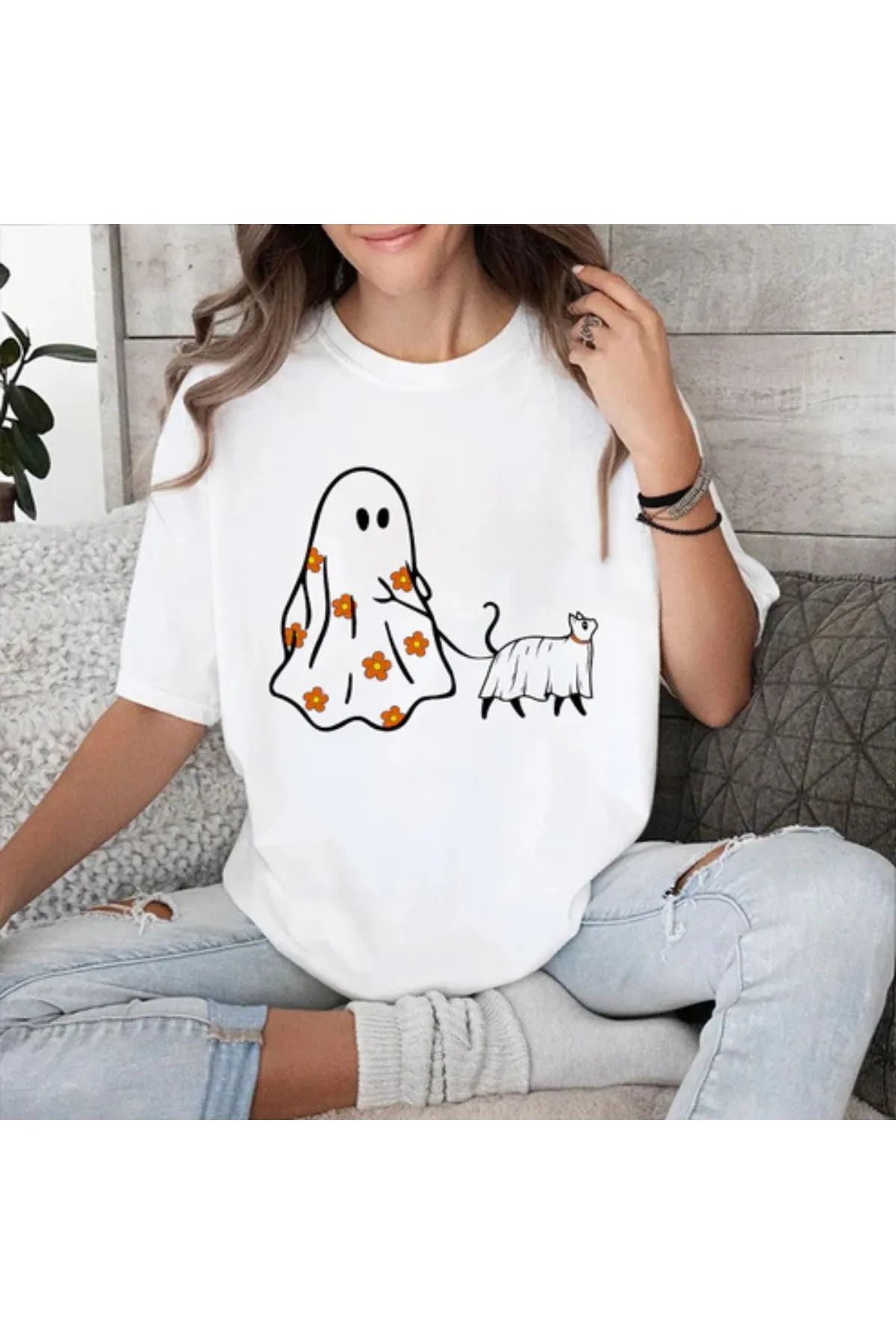 FeaR LeeS Hayalet ve Kedi Baskılı Oversize T-shirt