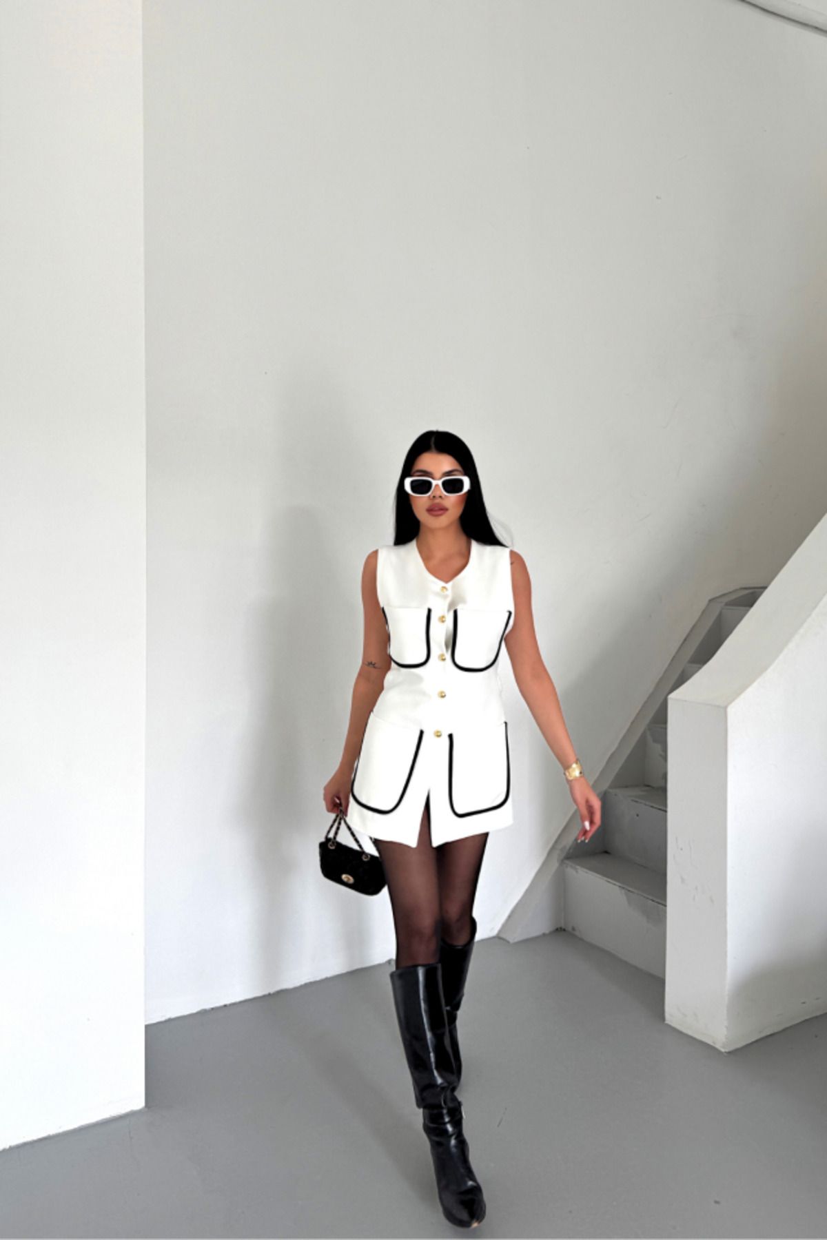 ARUZ MODA BÜYÜK CEP BİYE DETAYLI YELEK - Beyaz