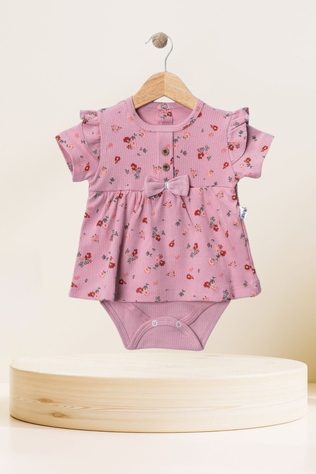 Baby s Breath Flower Piti Çiçek Desenli Kurdele Detaylı Düğmeli %100 Pamuk 9-12 Ay Kız Bebek Badi Zıbın