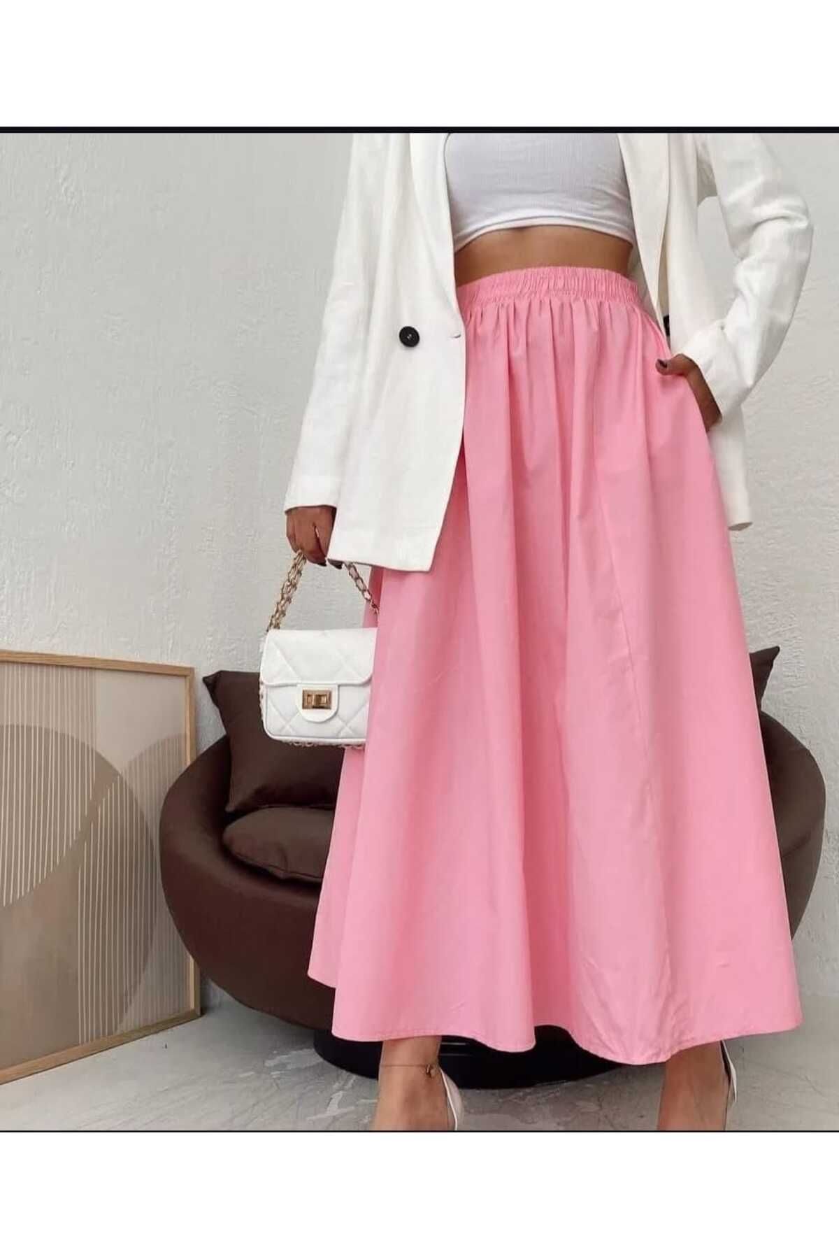 afran collection POPLİN STANDART BEDEN CEPLİ UZUN ETEK (KEMER HEDİYE