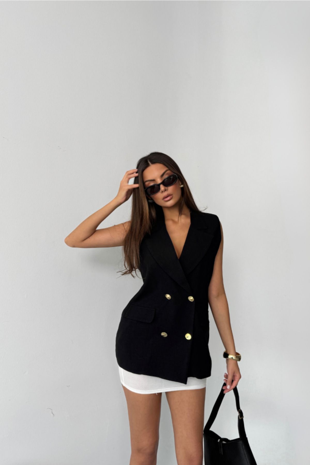 ARUZ MODA GOLD DÜĞMELİ KETEN YELEK - Siyah