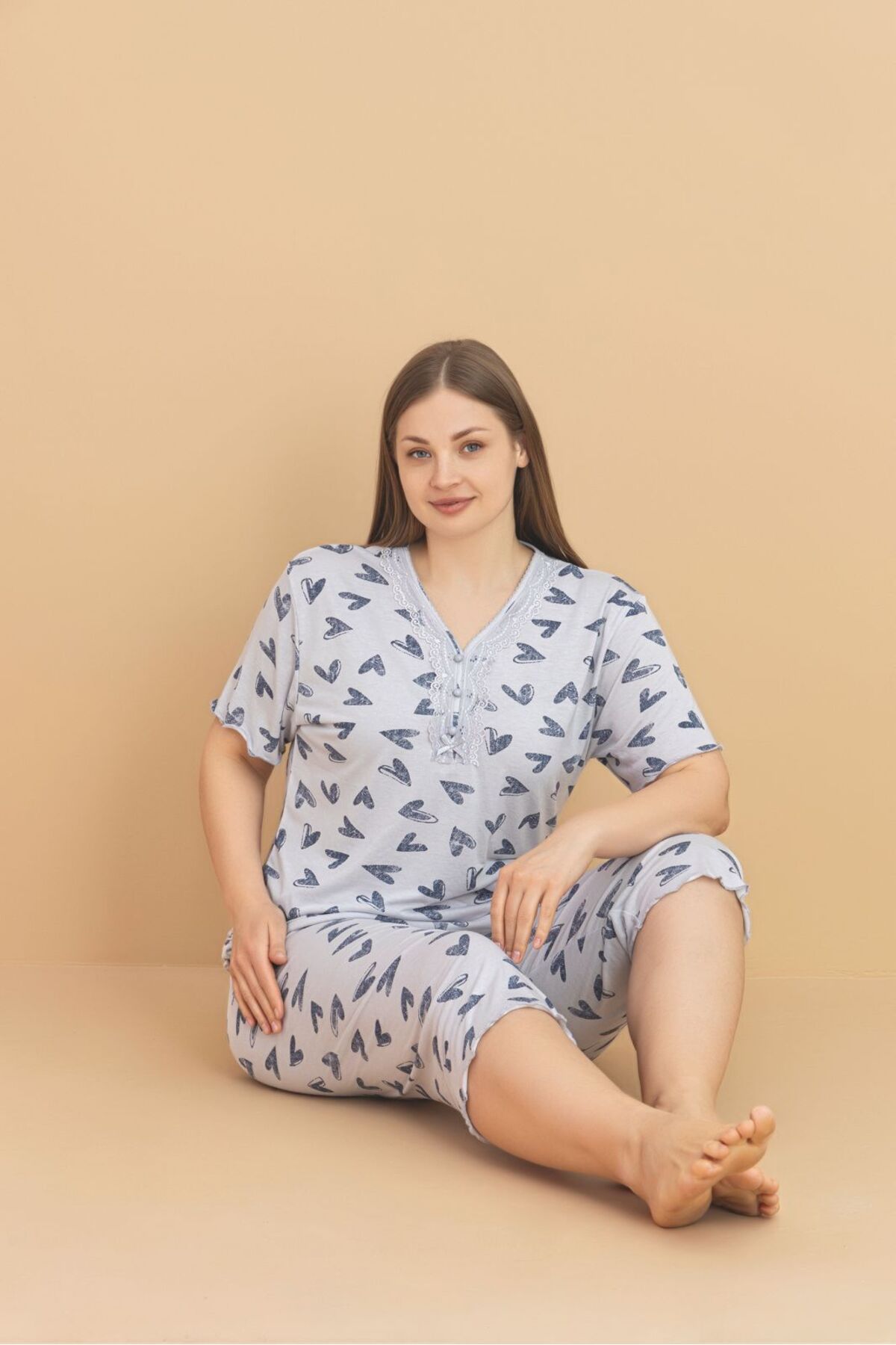 Temporium Kadın Büyük Beden Kısa Kollu Kapri Bambu Pijama Takımı