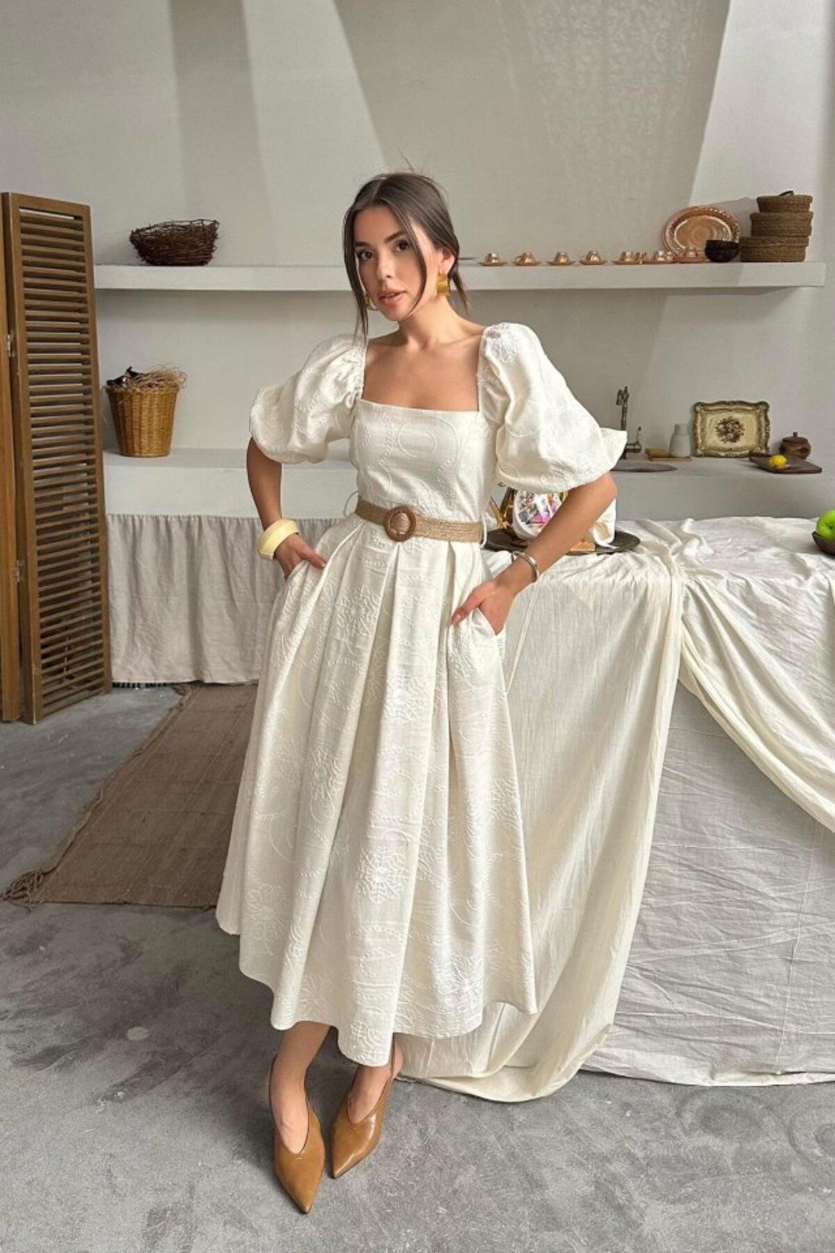 ARUZ MODA Bej Balon Kollu Brode Elbise