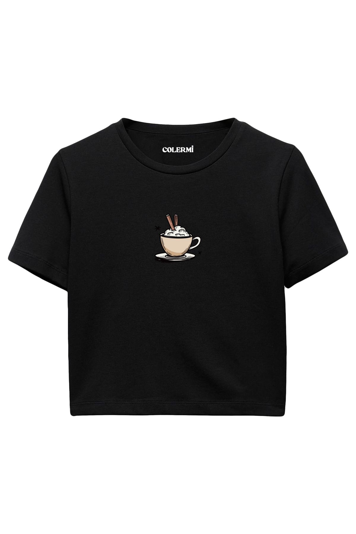 Colermi Kahve Fincanı Baskılı %100 Pamuk Kadın Crop Tshirt