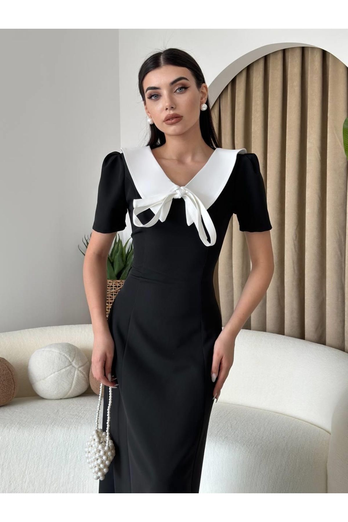 ARUZ MODA Zerra Yaka Kurdale Detay Elbise