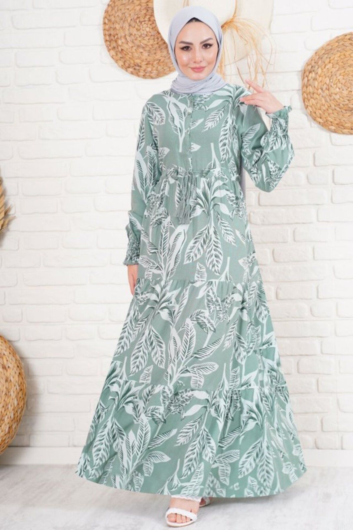 ARUZ MODA 2145 Desenli Tesettür Elbise - Haki