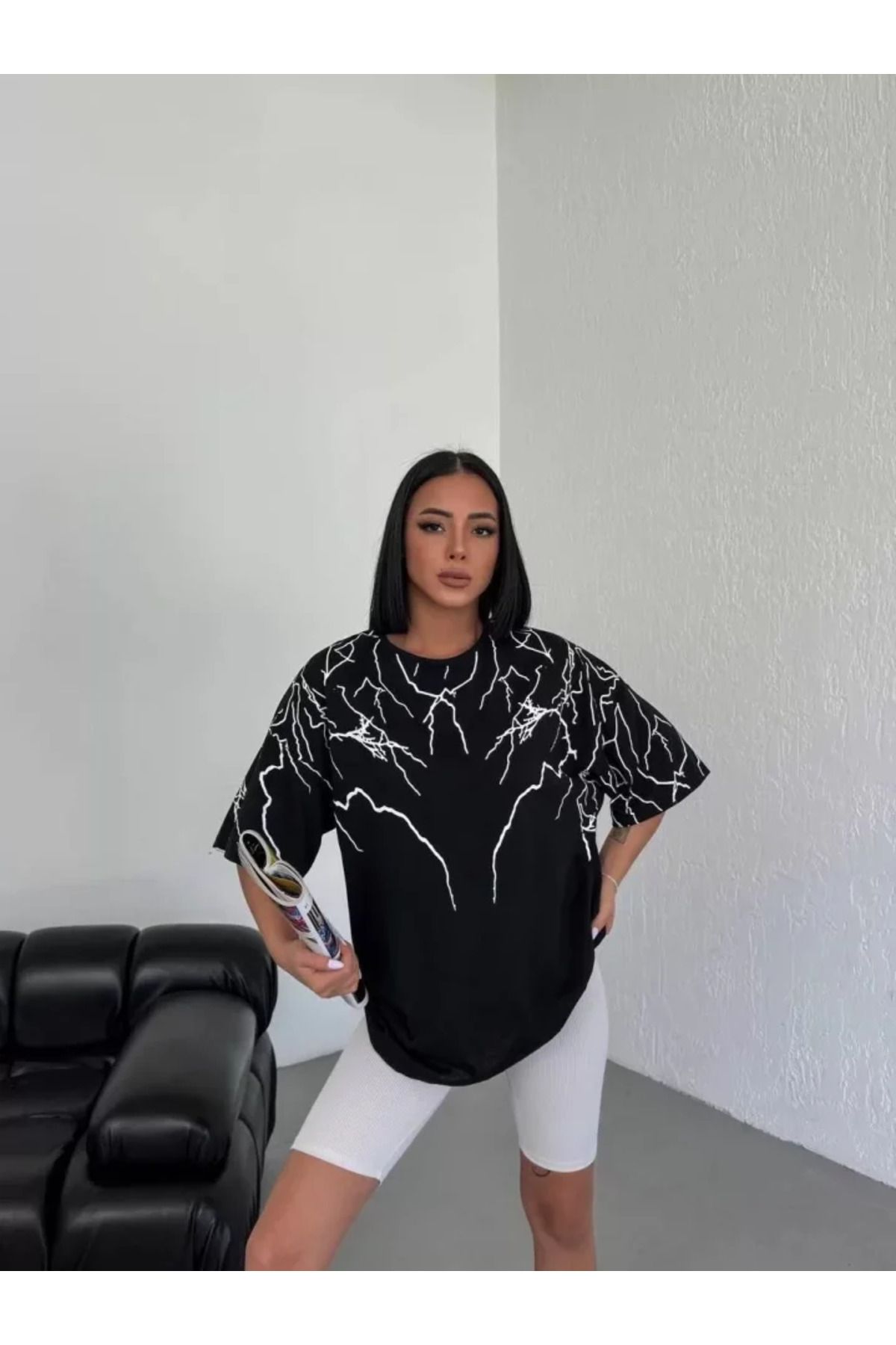 ARUZ MODA Unisex Bisiklet Yaka Baskılı Oversize T-Shirt - Siyah