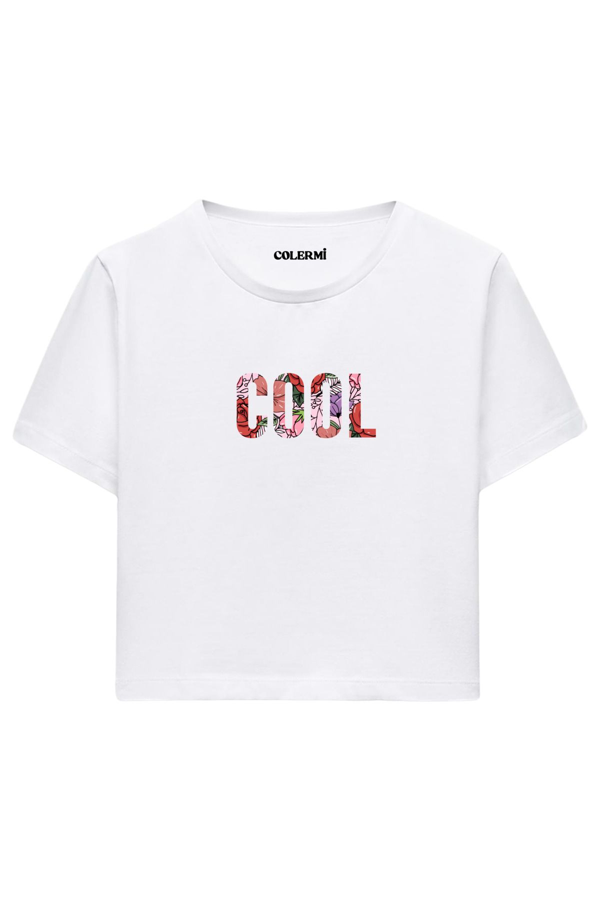 Colermi Çiçek Desenli COOL Yazılı %100 Pamuk Kadın Crop Tshirt