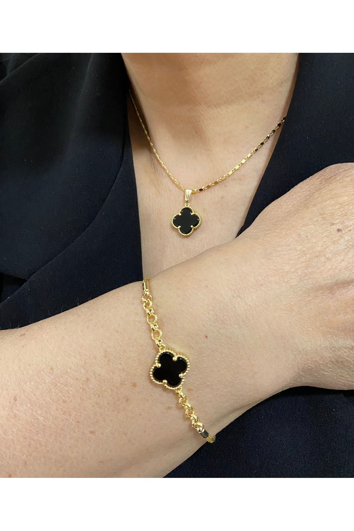 Passionis Jewelry VANCLEEF MODEL SİYAH KOLYE BİLEKLİK TAKIM