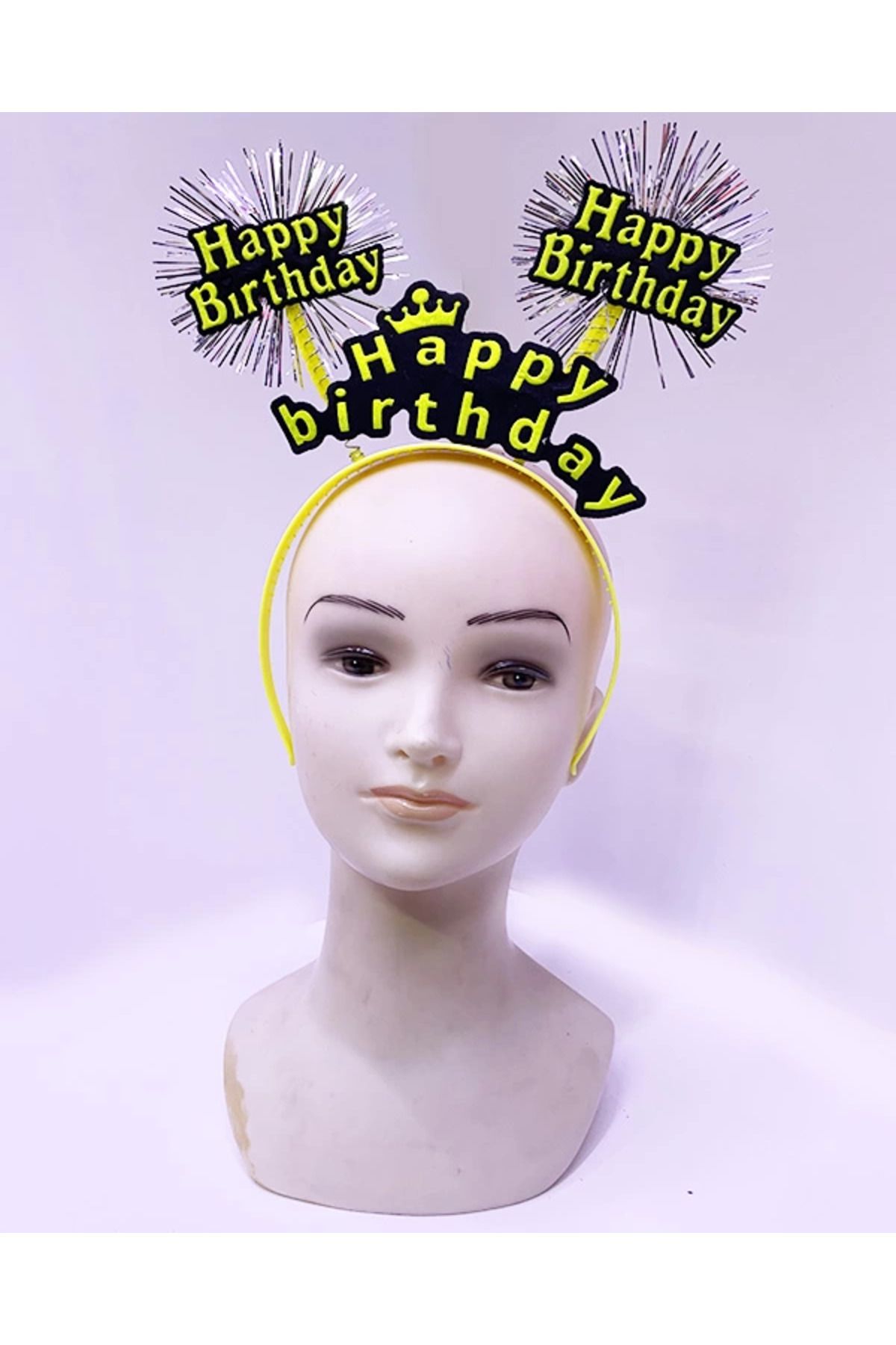YNT İthalat Happy Birthday Püsküllü Neon Sarı Renk Doğum Günü Tacı 22x19 Cm