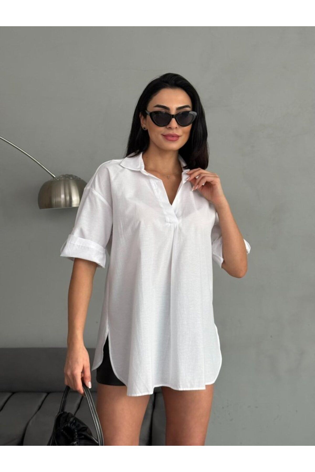 ARUZ MODA Yırtmaç Detaylı Tunik Gömlek